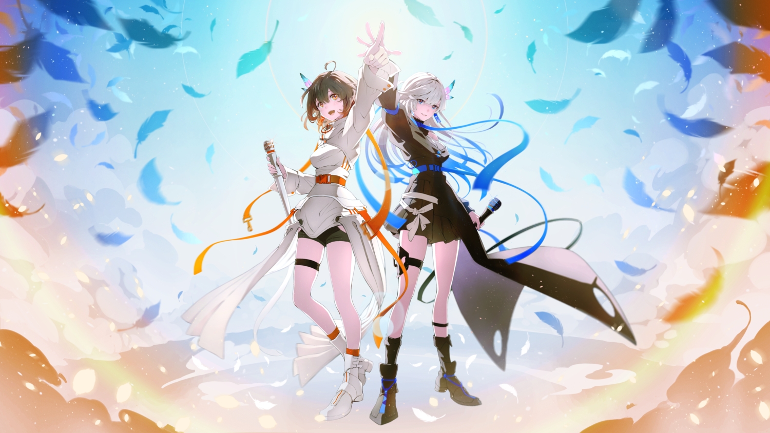 2girls, dress, feathers, garter, hoshizaki_reita, kasuka_(vesperbell), microphone, vesperbell, yomi_(vesperbell)