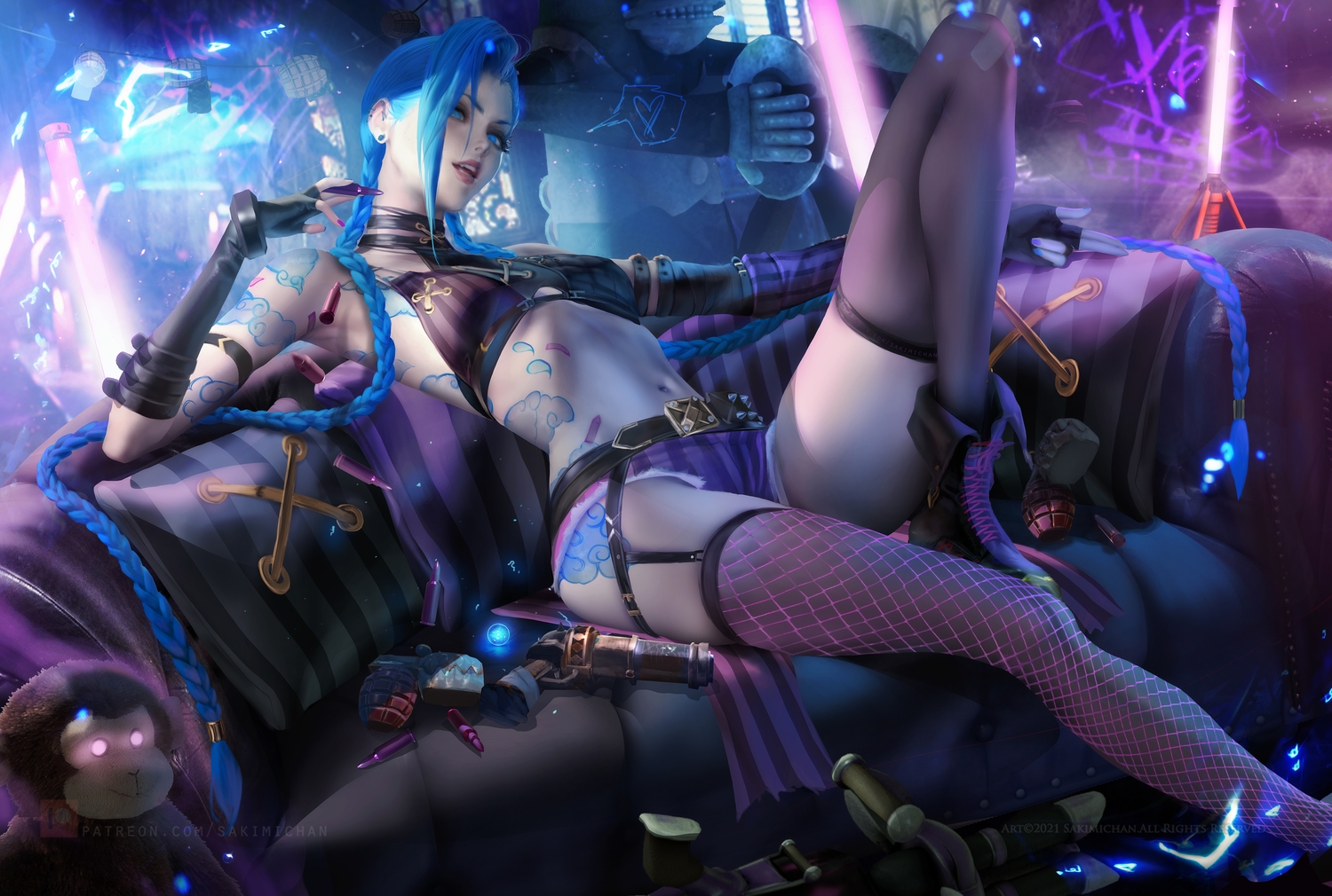 bikini_top, blue_eyes, blue_hair, braids, couch, elbow_gloves, gloves, gun, jinx_(league_of_legends), league_of_legends, long_hair, realistic, sakimichan, shorts, tattoo, thighhighs, twintails, watermark, weapon