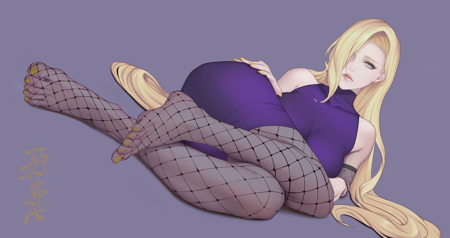 blonde_hair, dress, green_eyes, long_hair, naruto, pantyhose, purple, signed