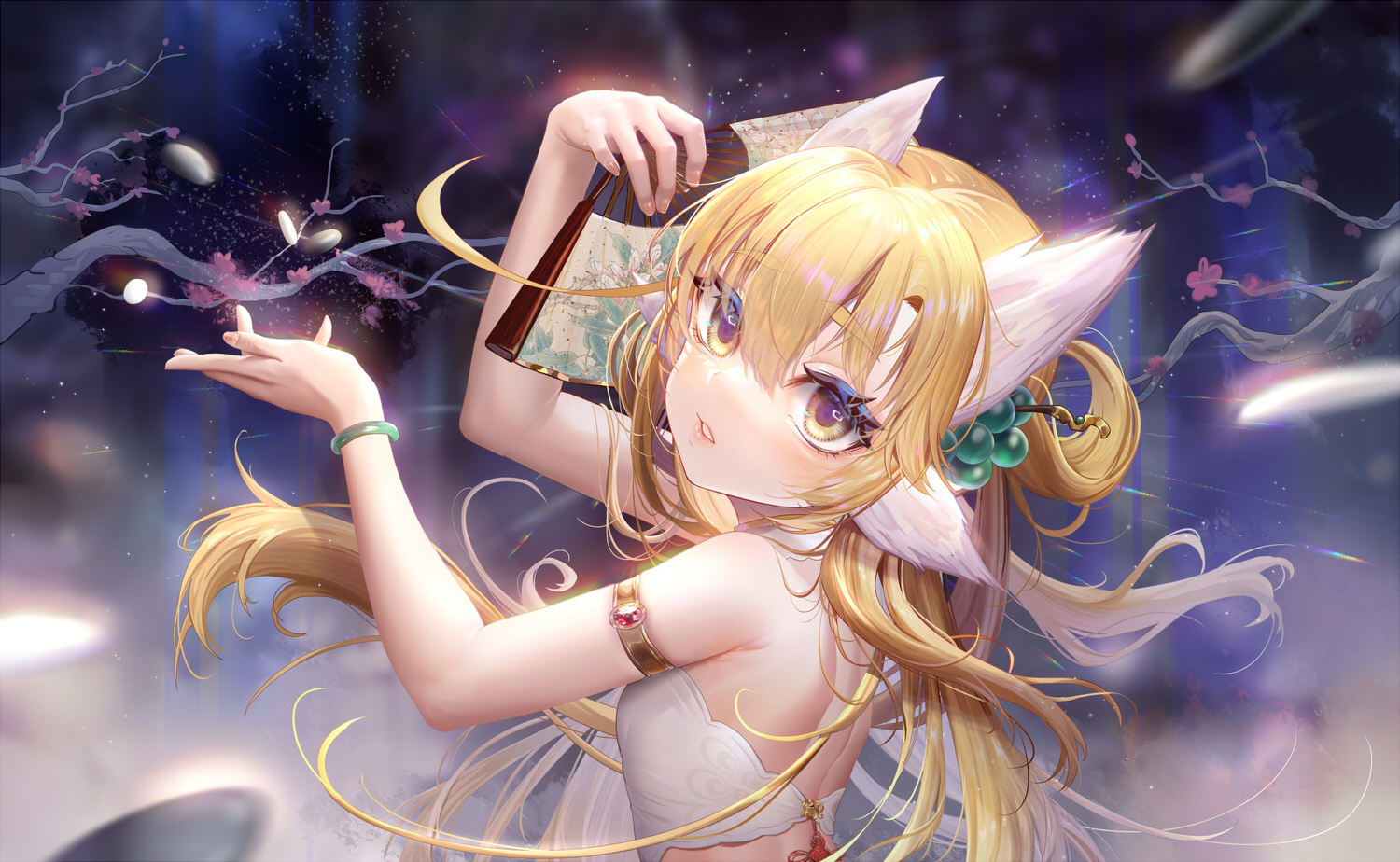 animal_ears, blonde_hair, close, fan, loli, long_hair, moyamoya_(moya11158375), original
