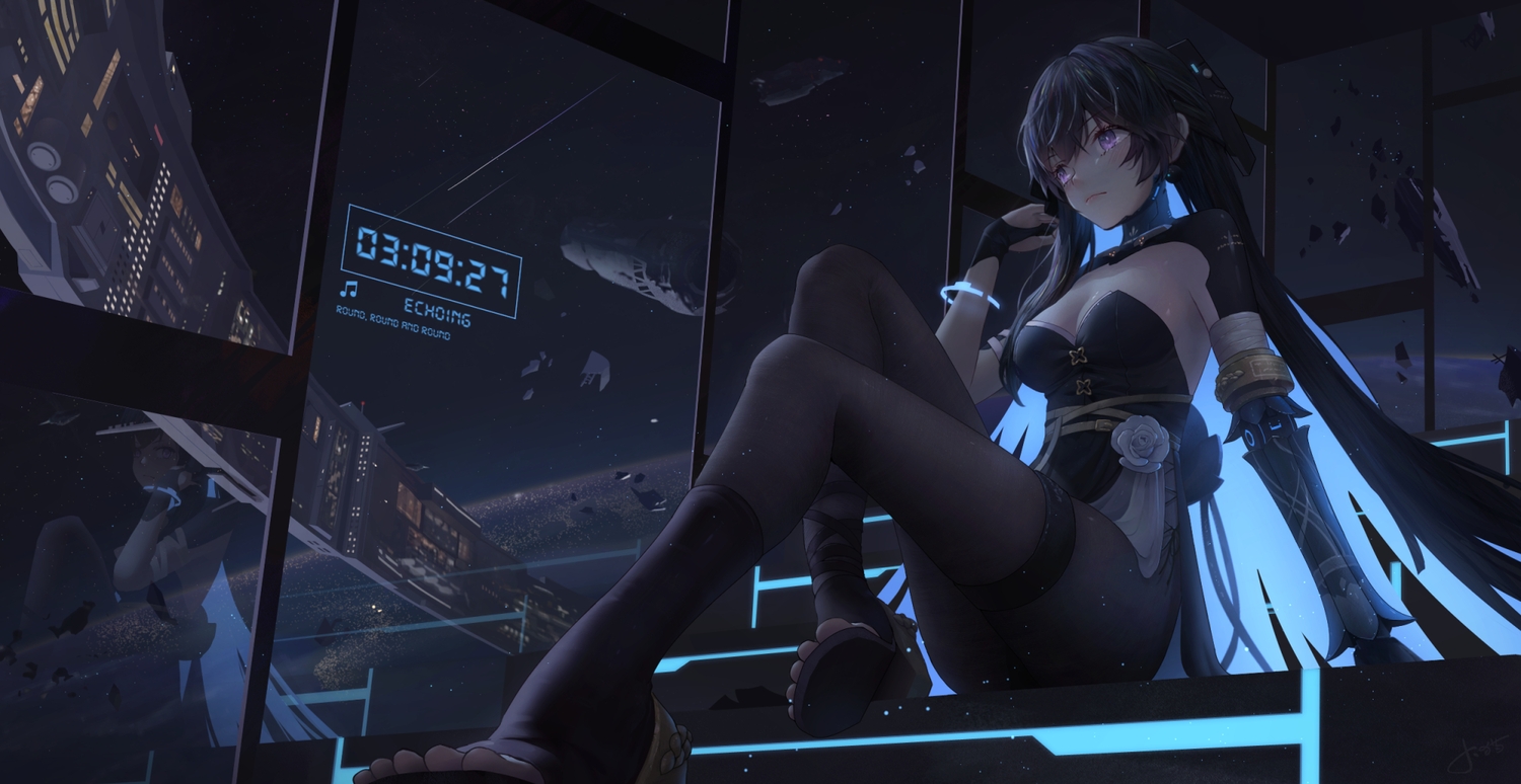 brown_hair, computer, dress, jay_xu, long_hair, pantyhose, planet, punishing:_gray_raven, purple_eyes, selena_(pgr)