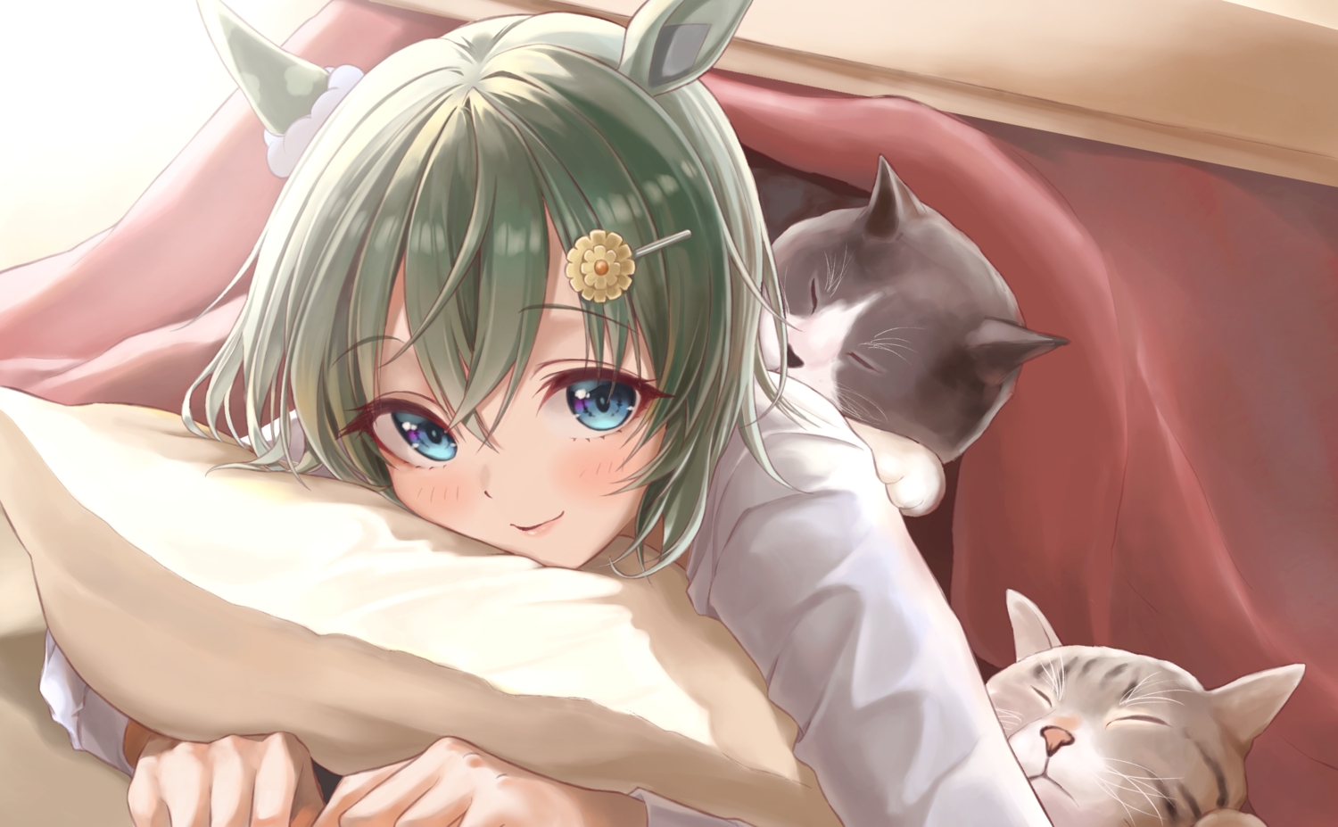 animal, animal_ears, anthropomorphism, bed, blue_eyes, cat, close, green_hair, huziko32, kotatsu, seiun_sky_(umamusume), uma_musume:_pretty_derby