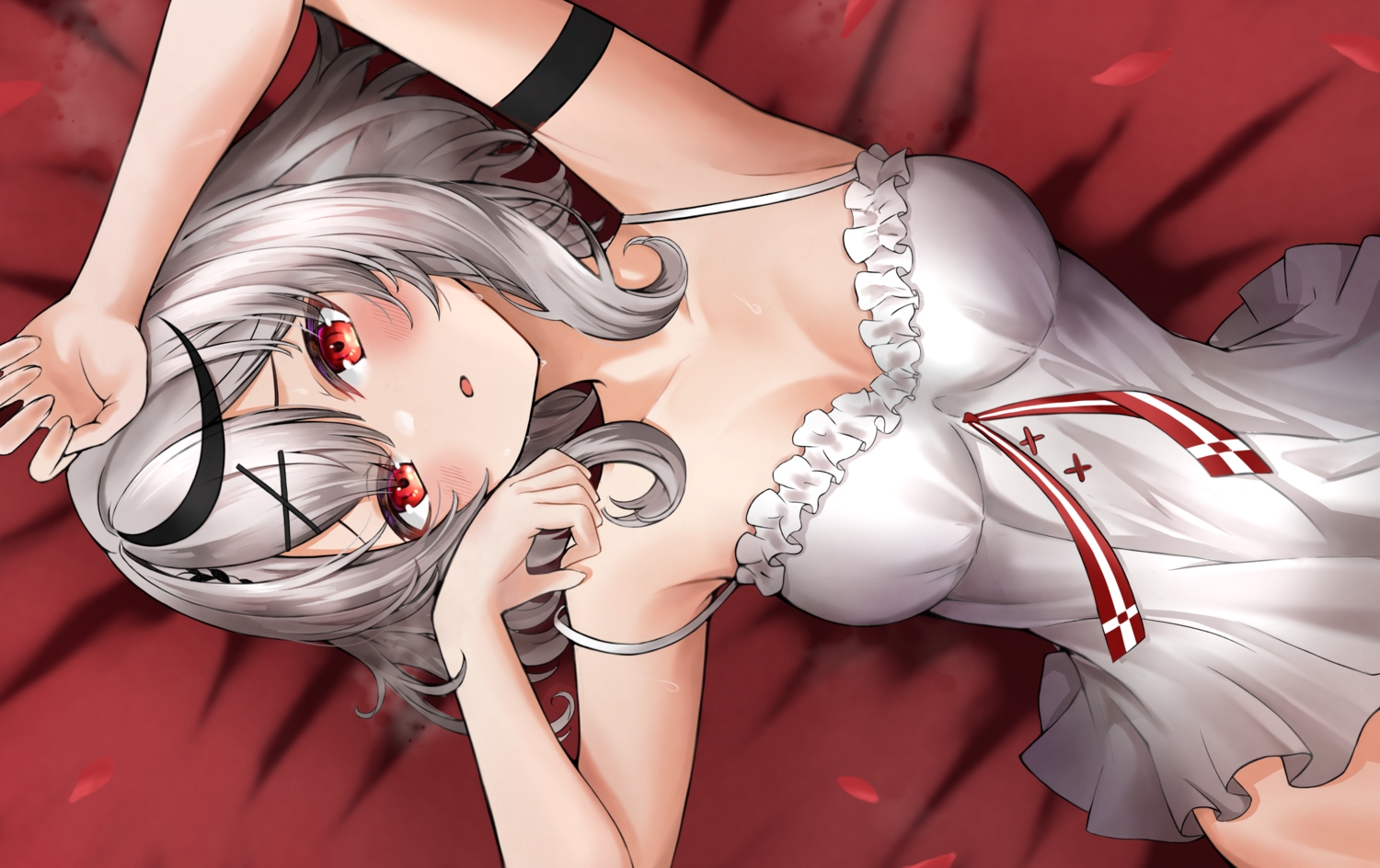 bed, blush, breasts, cleavage, dress, dstwins97, gray_hair, hololive, petals, red_eyes, sakamata_chloe, short_hair