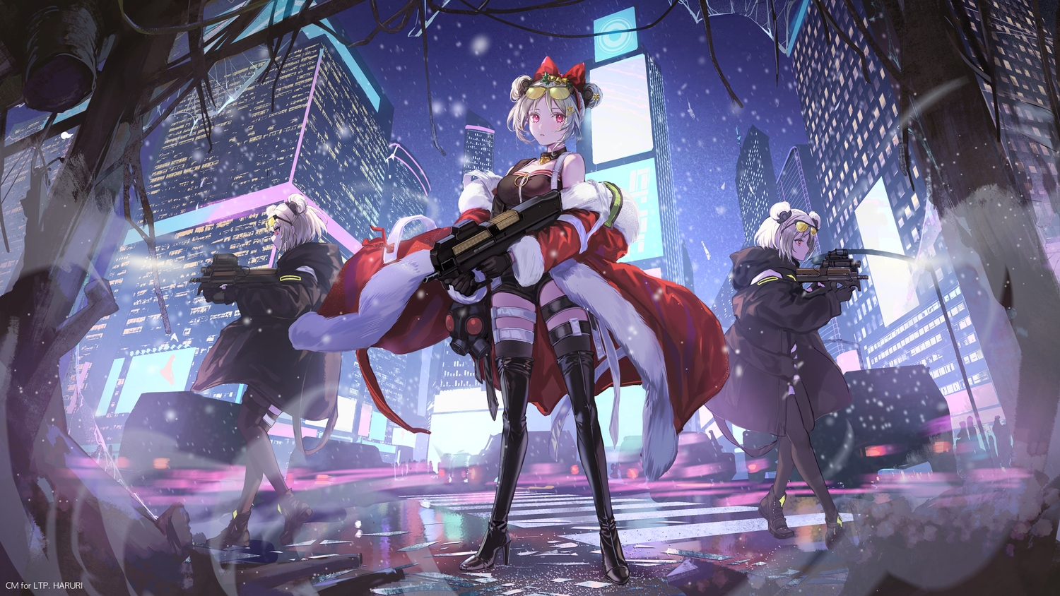 anthropomorphism, bell, blonde_hair, boots, bow, building, christmas, city, collar, garter, girls_frontline, gloves, haruri, hood, mask, p90_(girls_frontline), red_eyes, ruins, short_hair, shorts, sky, snow, sunglasses, thighhighs, watermark