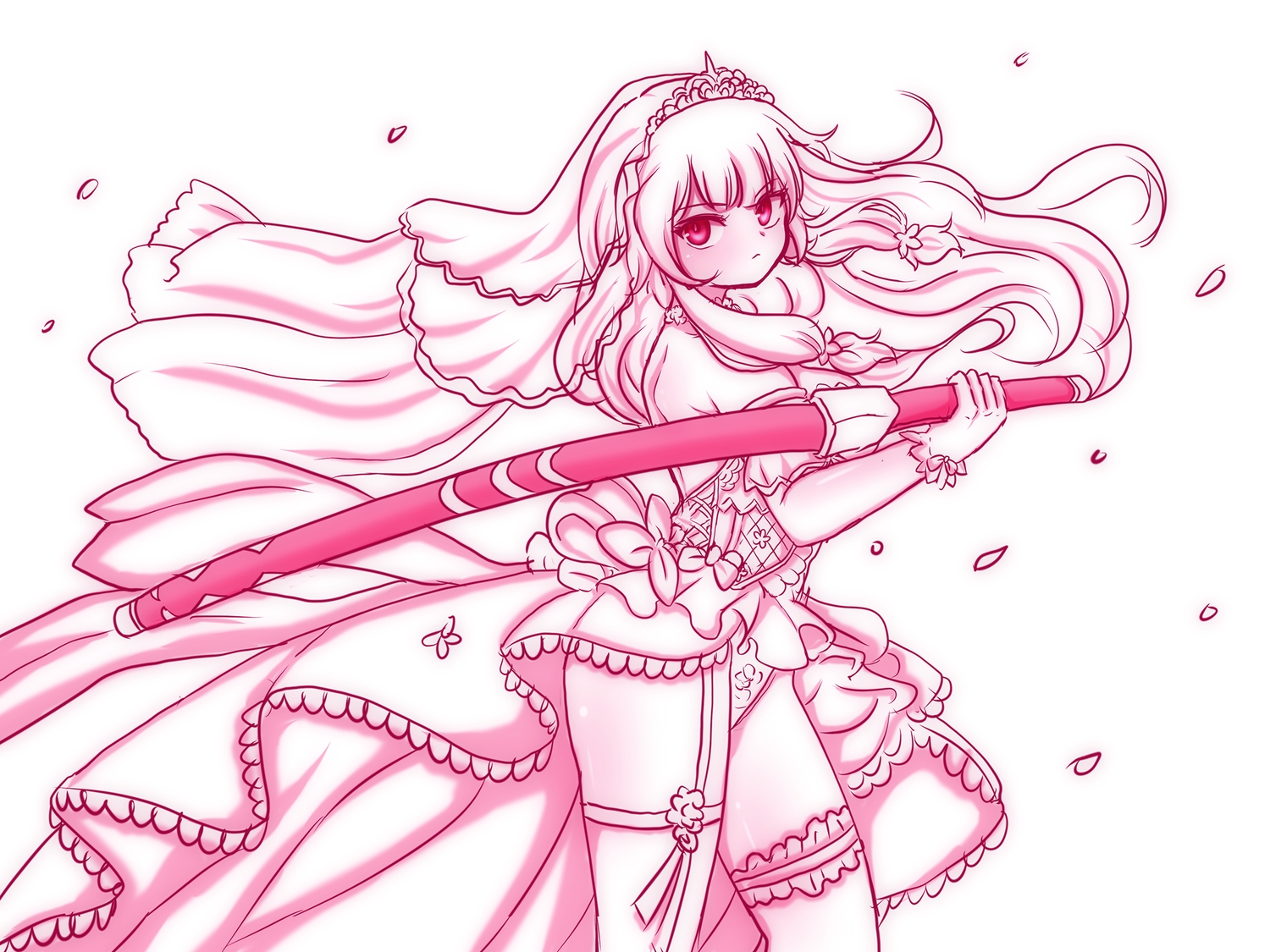 chii_aruel, daram_(shappydude), gloves, monochrome, pink_eyes, ponytail, soul_worker, thighhighs