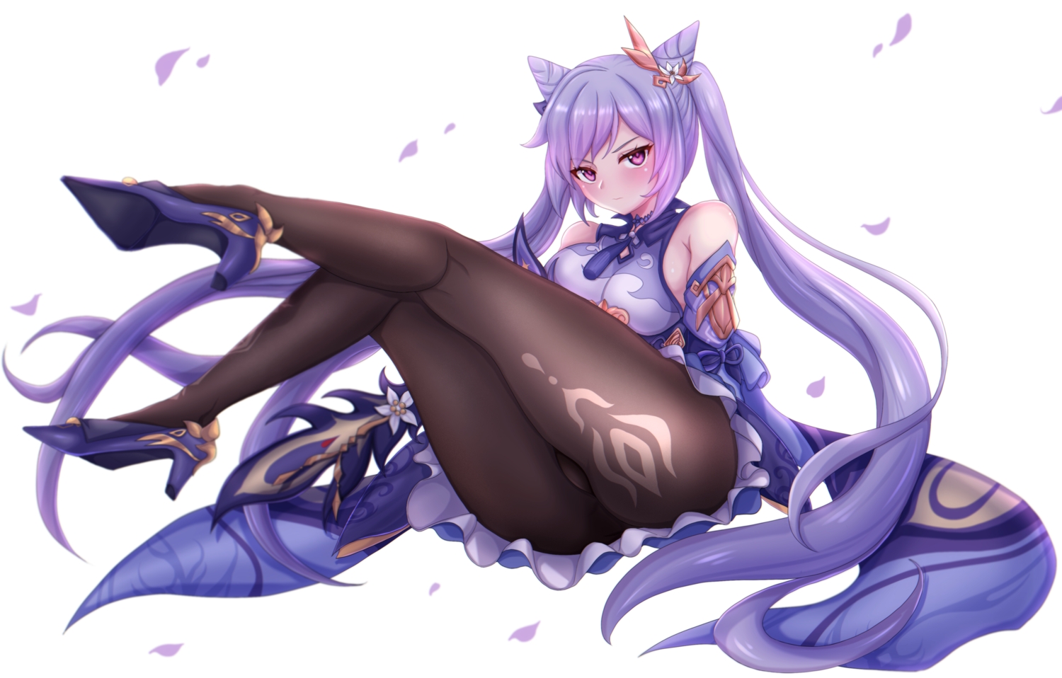 breasts, daram_(shappydude), genshin_impact, gloves, keqing_(genshin_impact), long_hair, pantyhose, pink_eyes, purple_hair