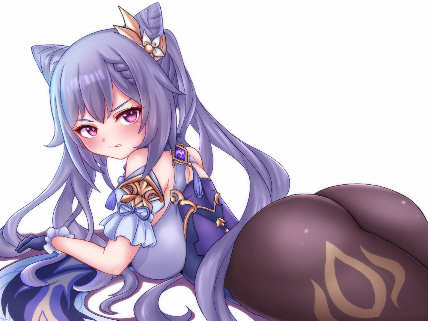 ass, breasts, daram_(shappydude), genshin_impact, gloves, keqing_(genshin_impact), long_hair, pantyhose, pink_eyes, purple_hair