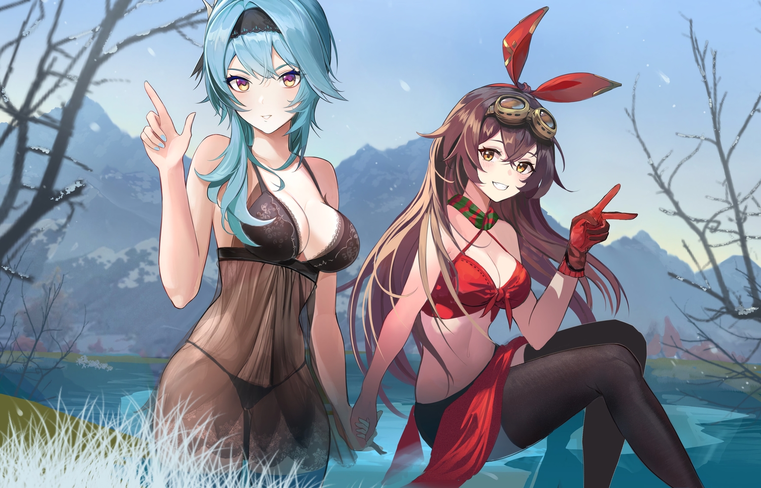 2girls, amber_(genshin_impact), eula_lawrence, genshin_impact, jiao_cat