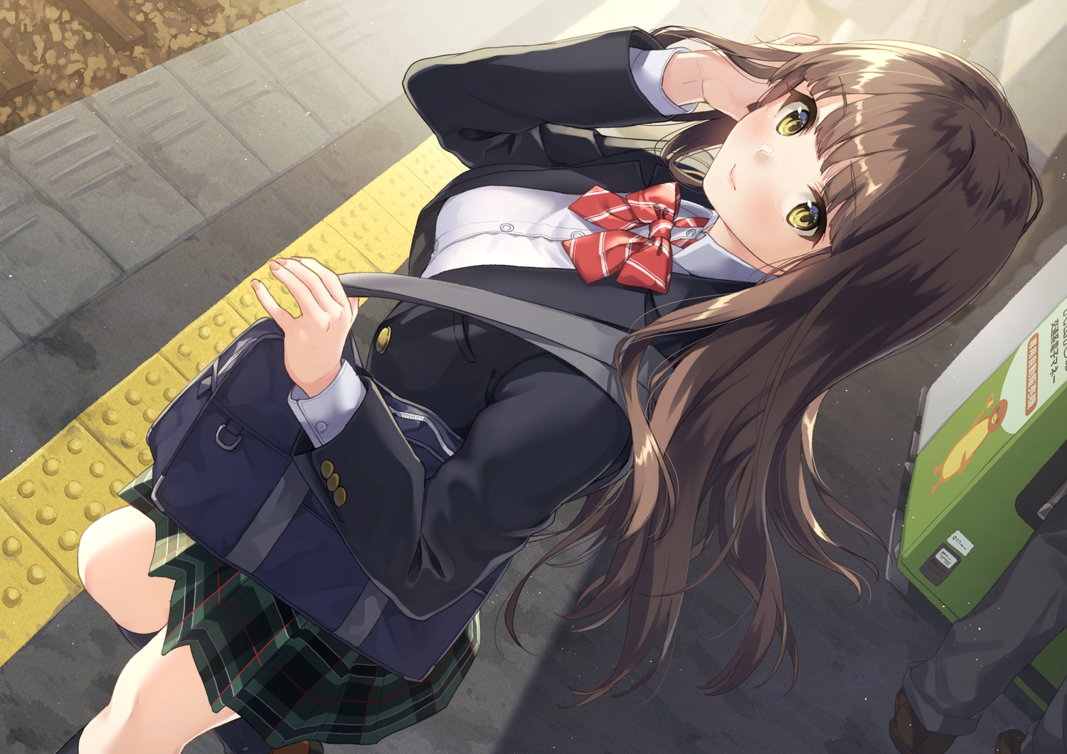 bow, brown_hair, kneehighs, long_hair, original, school_uniform, skirt, train