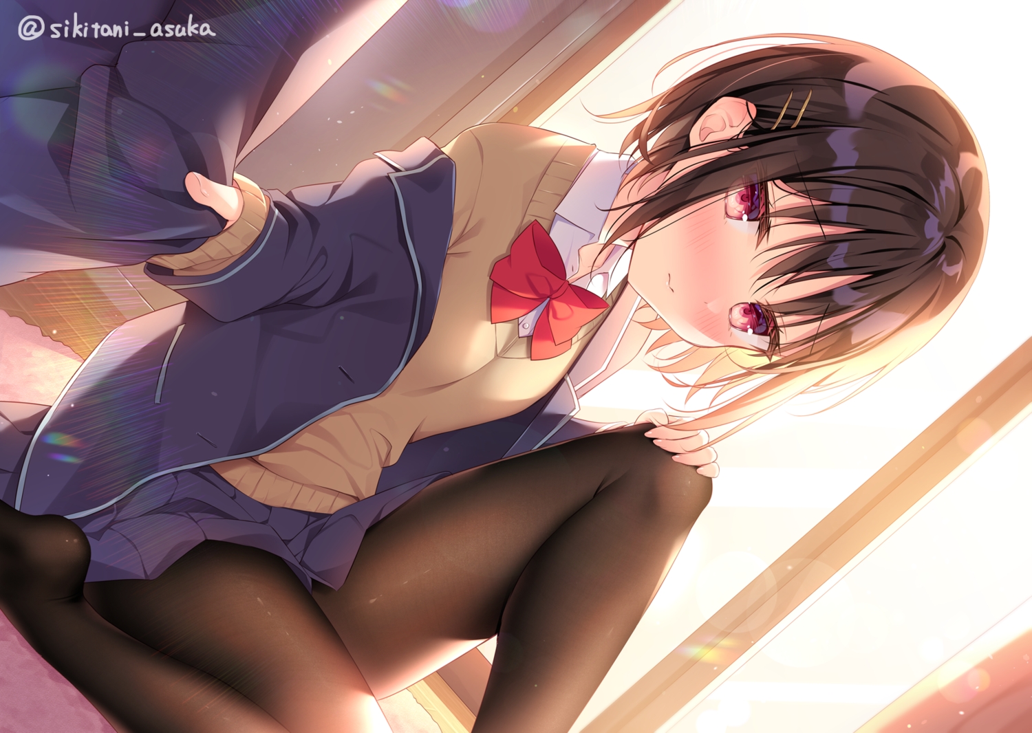 brown_hair, original, pantyhose, red_eyes, school_uniform, shikitani_asuka, short_hair, signed