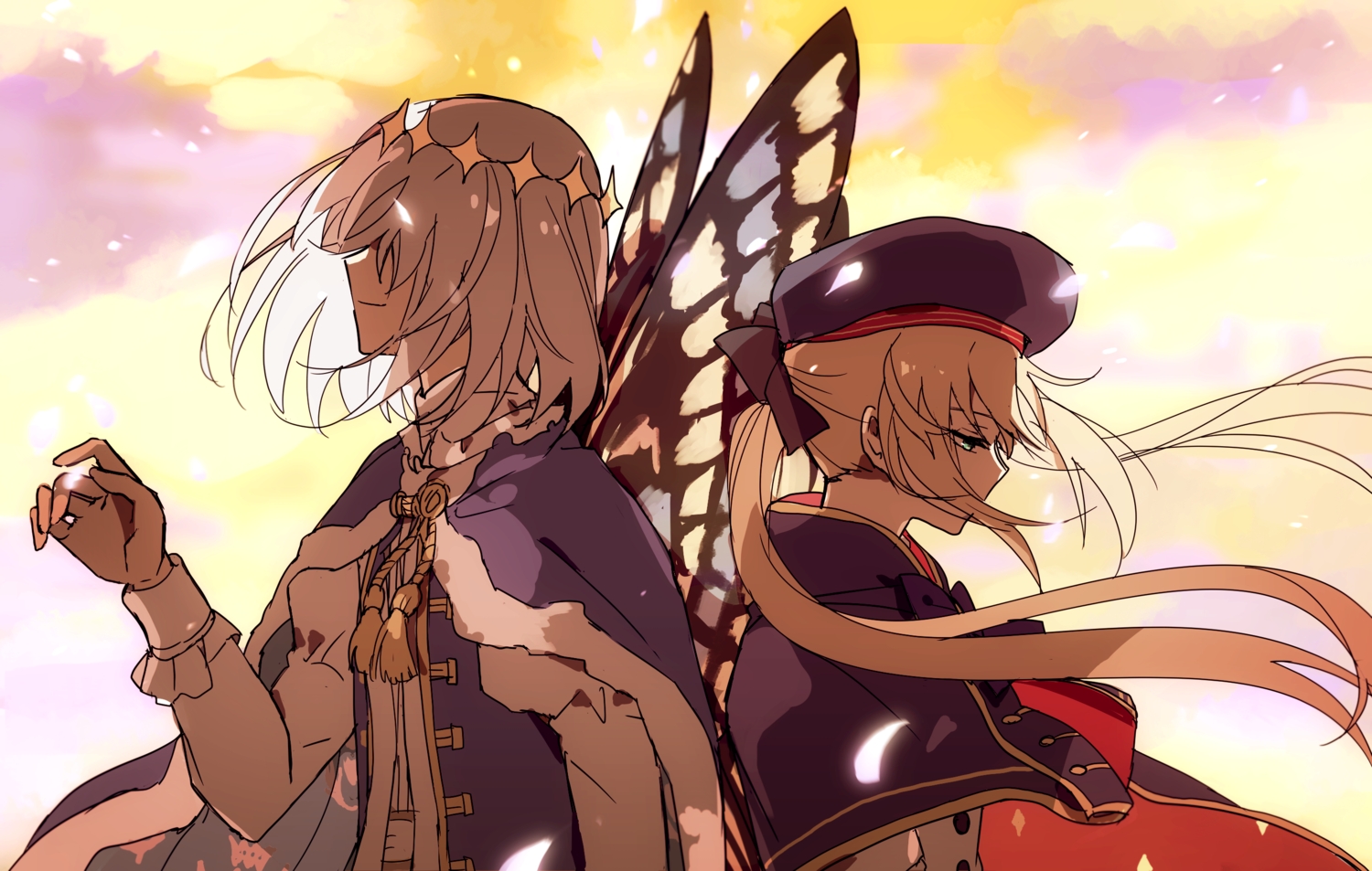 aliasing, artoria_caster_(fate), artoria_pendragon_(all), blonde_hair, bow, cape, clouds, fate/grand_order