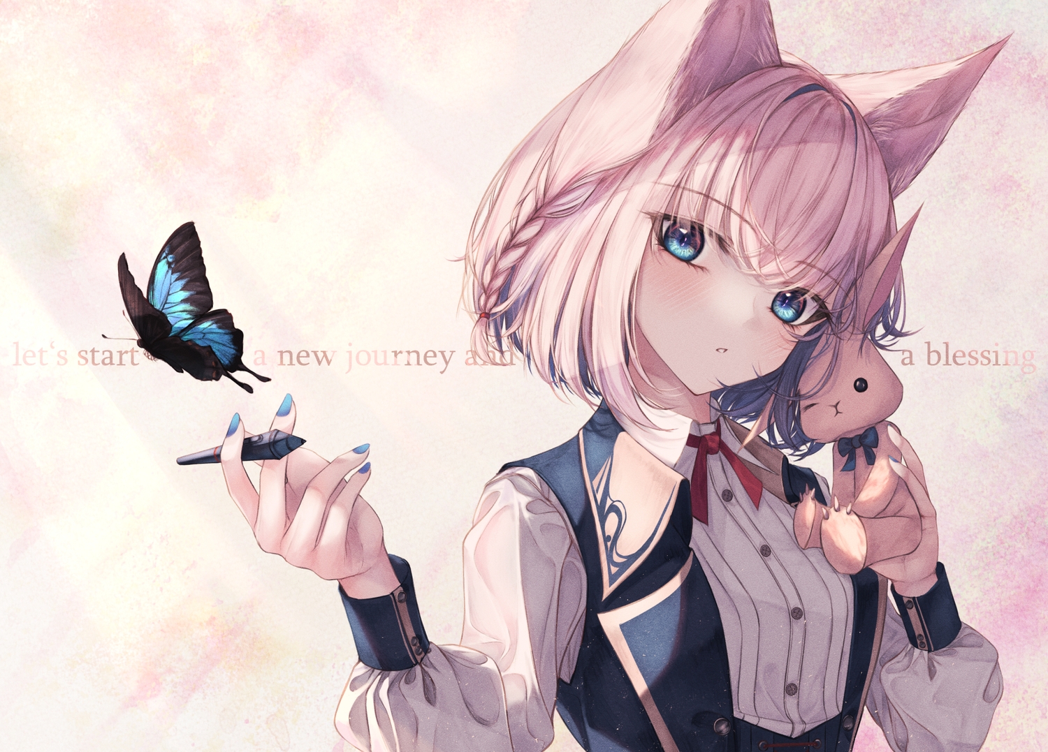 amane_utata, animal_ears, blue_eyes, braids, butterfly, close, original, pink_hair