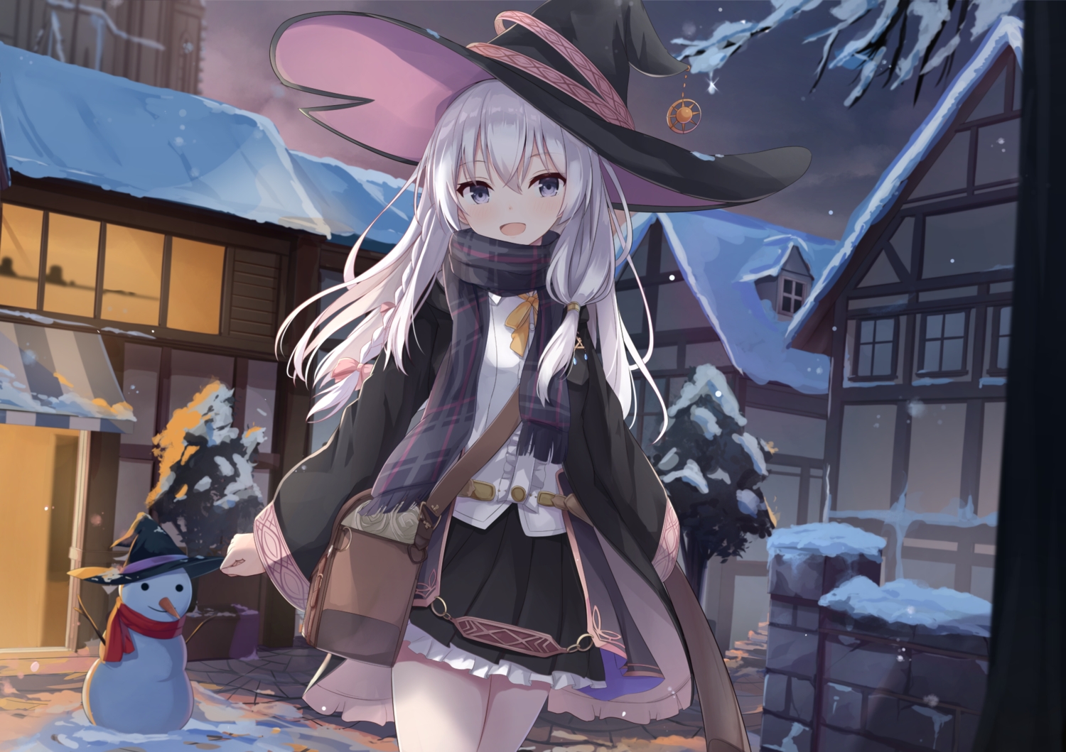 aliasing, building, elaina_(majo_no_tabitabi), gray_hair, hat, long_hair, majo_no_tabitabi, purple_eyes