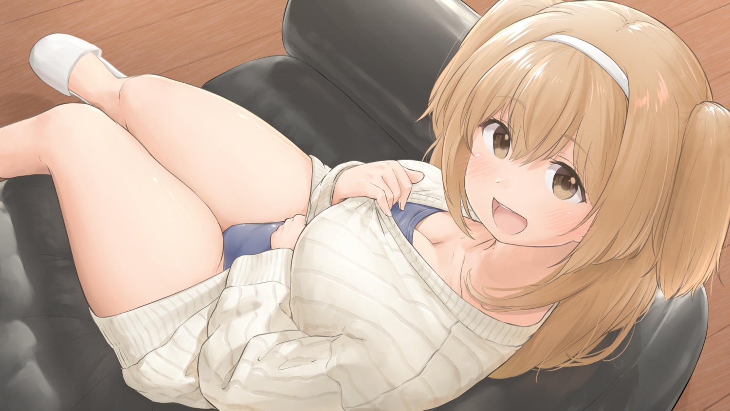 anthropomorphism, blush, breasts, brown_eyes, brown_hair, cleavage, headband, i-26_(kancolle)