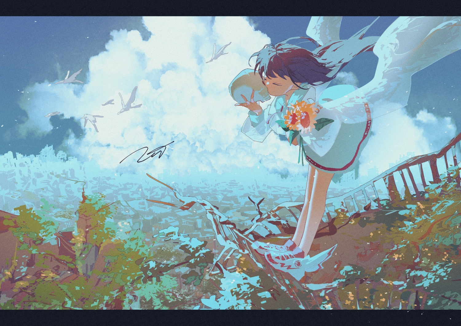 animal, bird, clouds, flowers, kiss, original, potg_(piotegu), signed, skull, sky, wings