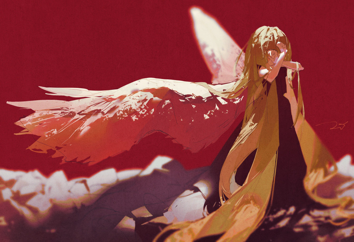 blonde_hair, dress, long_hair, original, polychromatic, potg_(piotegu), red, signed