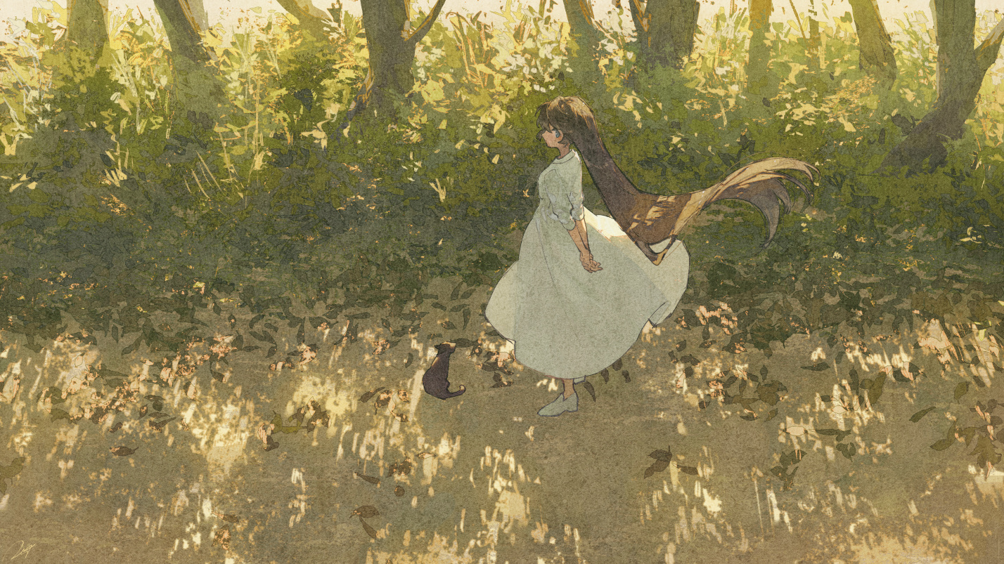 animal, cat, dress, forest, long_hair, original, potg_(piotegu), signed