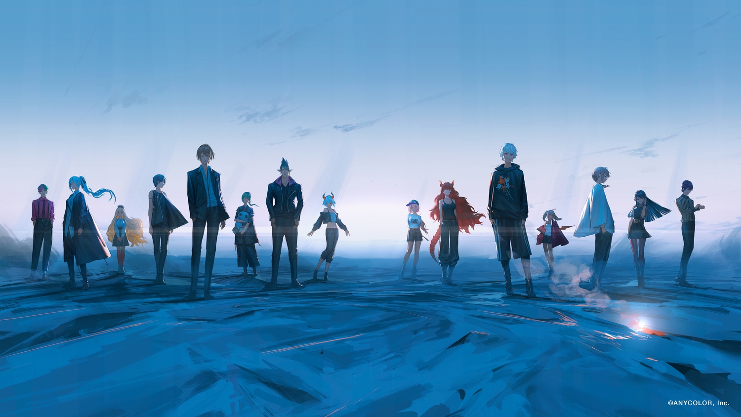 blue, dola_(nijisanji), group, hanabatake_chaika, higuchi_kaede, horns, joe_rikiichi, kagami_hayato, kanae_(nijisanji), kenmochi_touya, kuzuha_(nijisanji), levi_elipha, long_hair, machita_chima, makaino_ririmu, male, nijisanji, ponytail, reoen, ryuushen, shiina_yuika, short_hair, tsukino_mito, yumeoi_kakeru