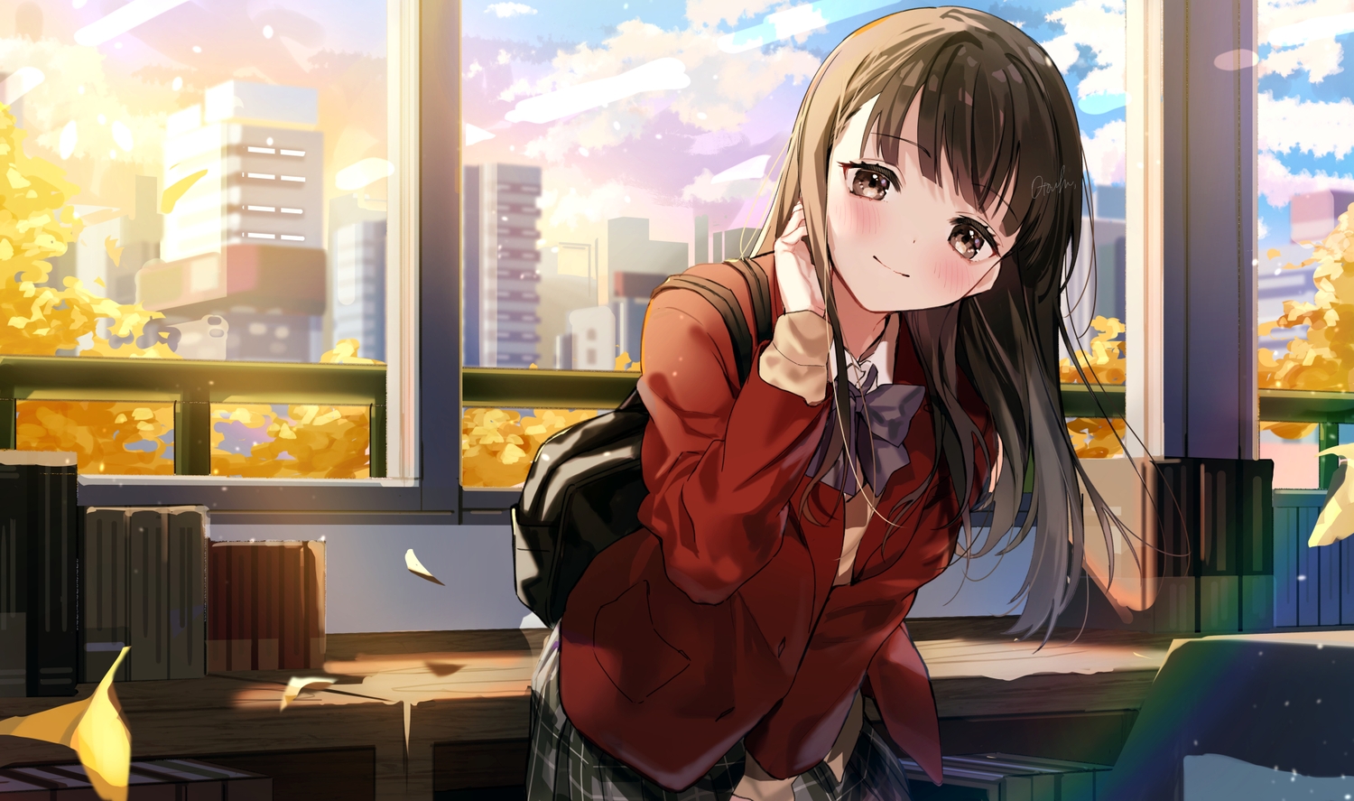 autumn, bow, brown_eyes, brown_hair, building, city, clouds, leaves, long_hair, original, otoufu_(gotouhu), school_uniform, signed, skirt, sky