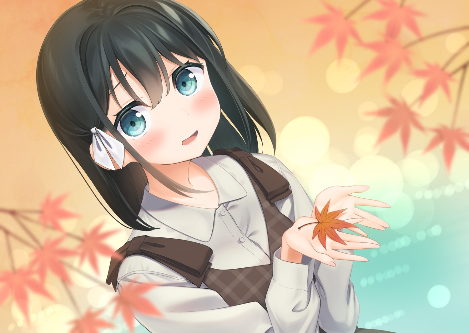 apollo_(hu_maple), autumn, black_hair, blush, close, leaves, original, shirt