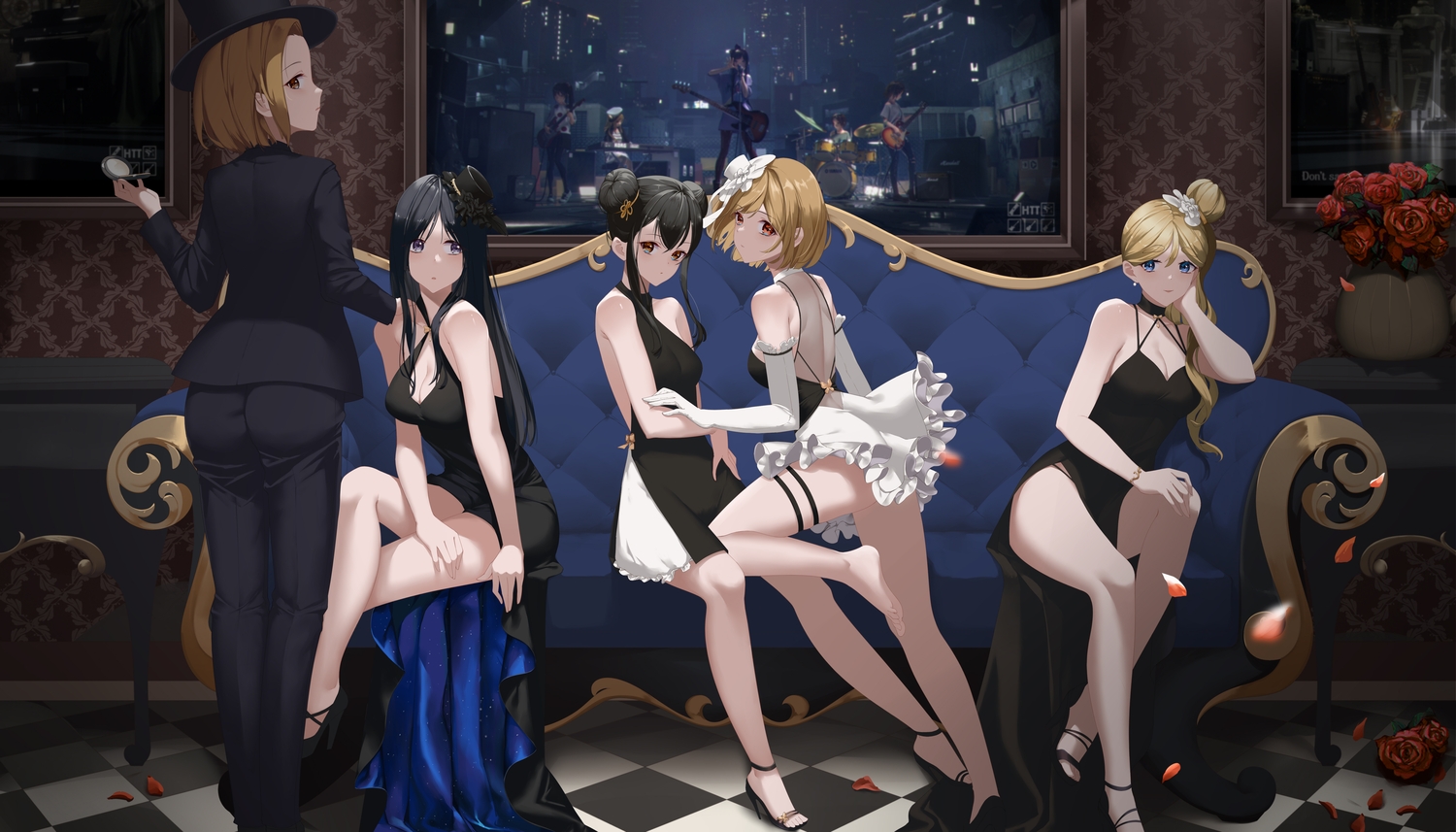 akiyama_mio, ass, couch, daidai_gege, dress, flowers, group, hirasawa_yui