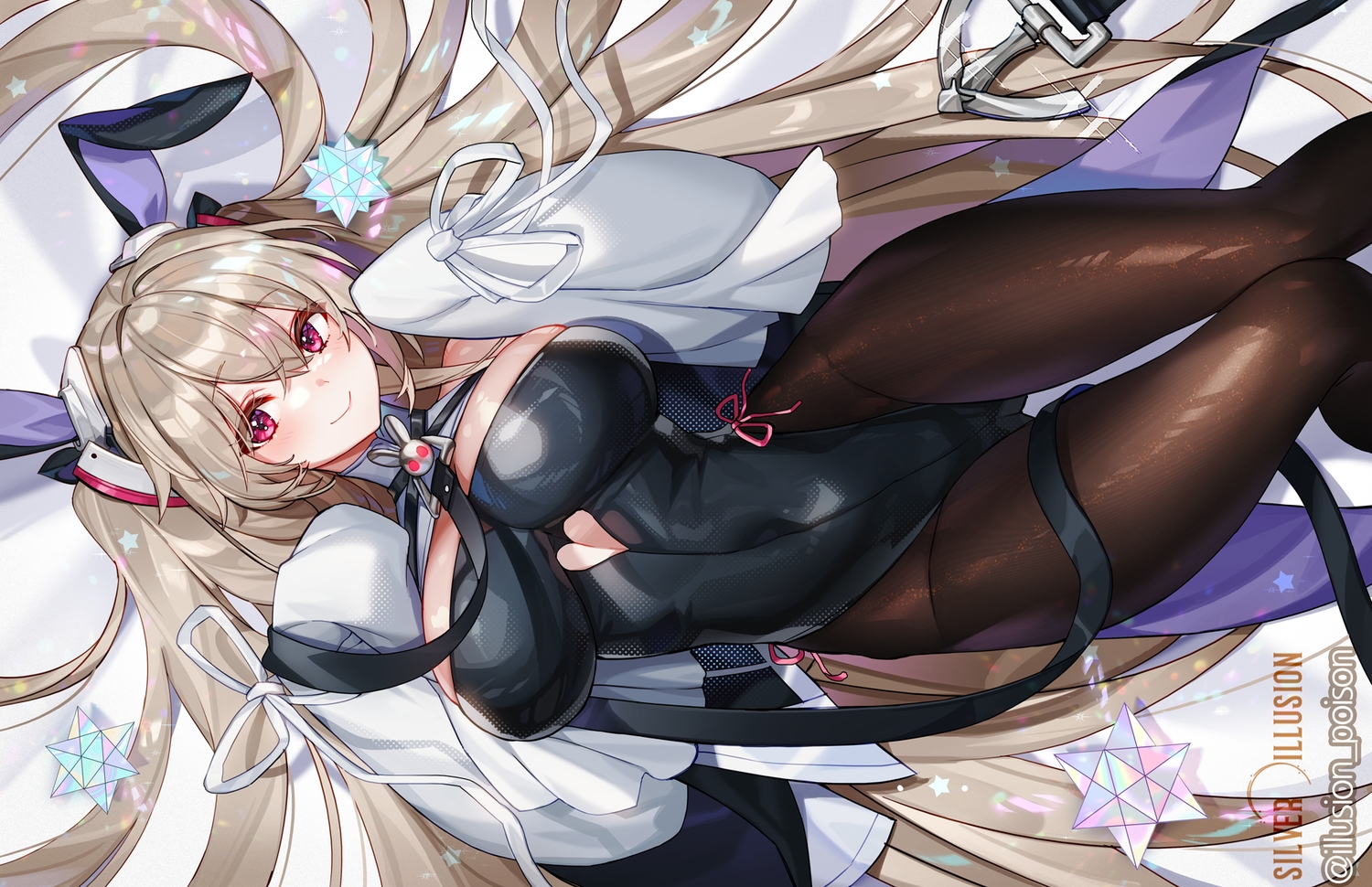 anchorage_(azur_lane), animal_ears, anthropomorphism, azur_lane, brown_hair, bunny_ears, bunnygirl, hwansang_jungdog, leotard, long_hair, pantyhose, purple_eyes, watermark