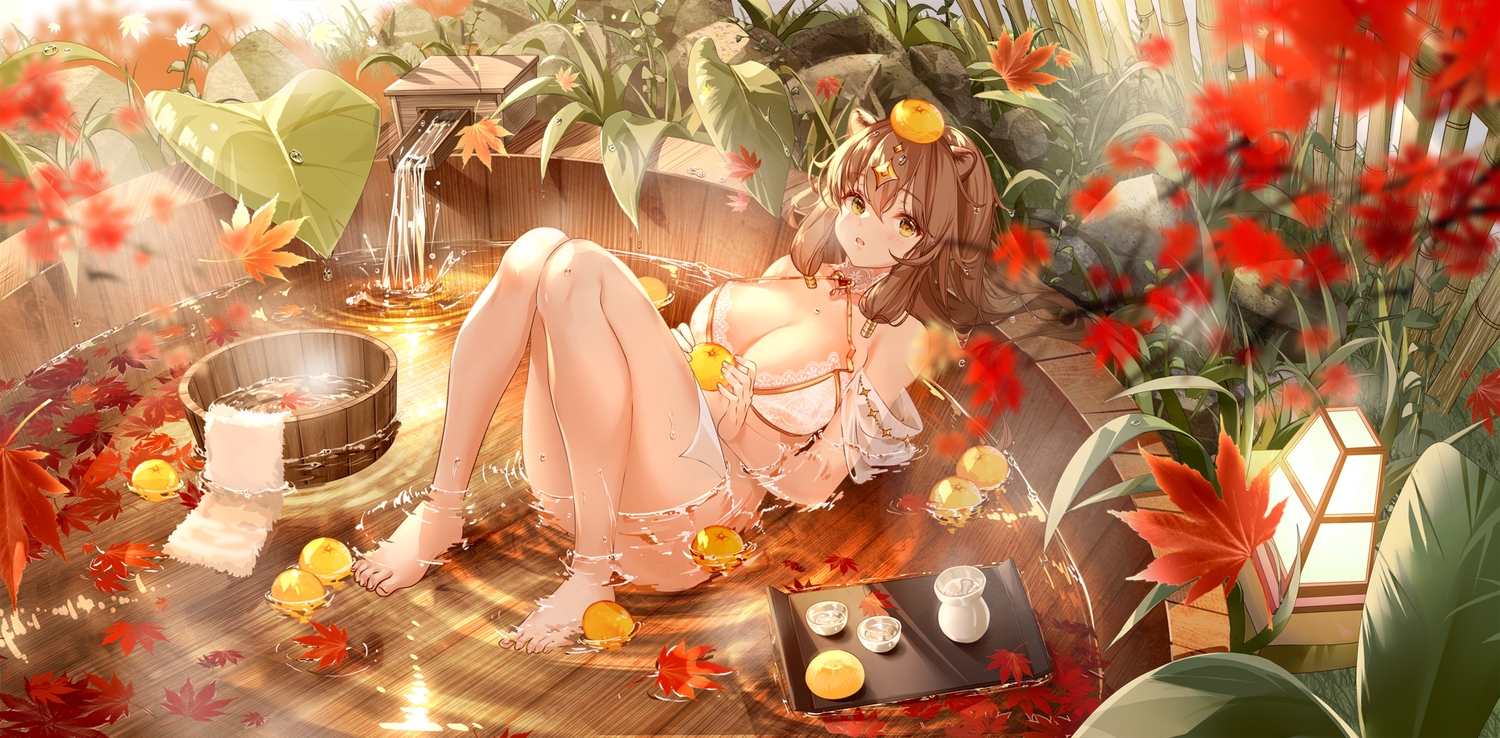 animal_ears, autumn, barefoot, bikini, breasts, brown_hair, cleavage, clouble