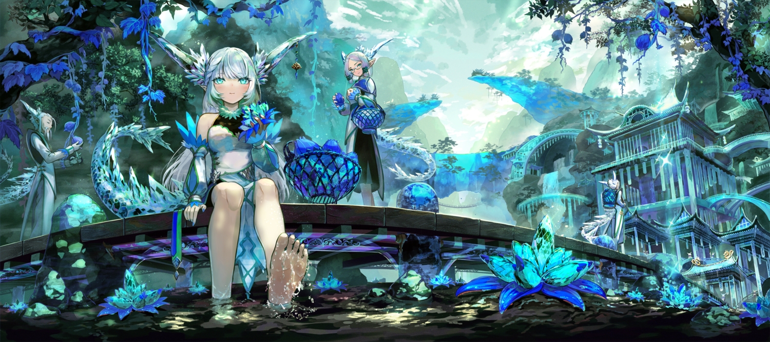 aqua_eyes, barefoot, flowers, original, pi_(p77777778), tail, water