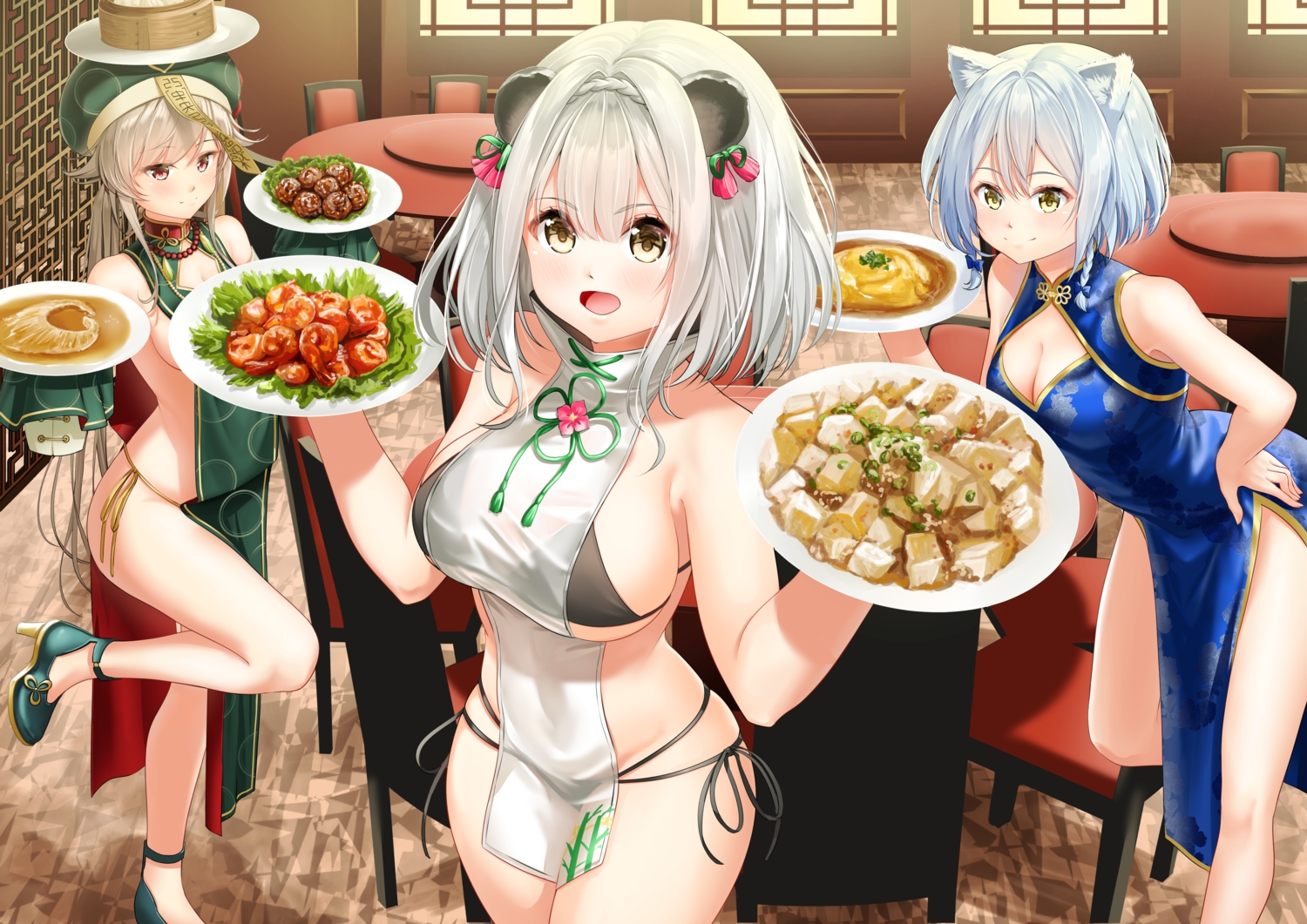 aliasing, animal_ears, bikini, blue_hair, blush, breasts, brown_eyes, brown_hair, chinese_clothes, chinese_dress, cleavage, dress, food, gray_hair, hat, long_hair, lovey_(red:_pride_of_eden), lynn_(red:_pride_of_eden), necklace, ofuda, red_eyes, red:_pride_of_eden, rissenka, see_through, shaw_(red:_pride_of_eden), short_hair, sideboob, swimsuit, yellow_eyes