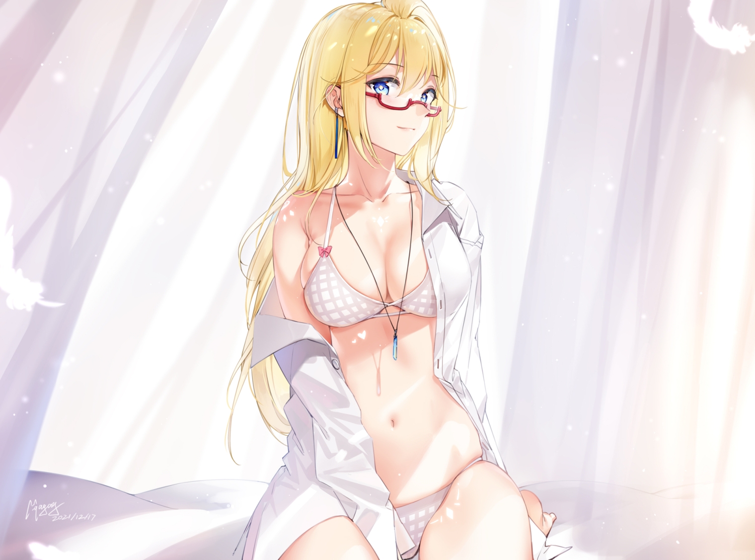 anthropomorphism, azur_lane, bed, bikini, blonde_hair, blue_eyes, breasts, cleavage
