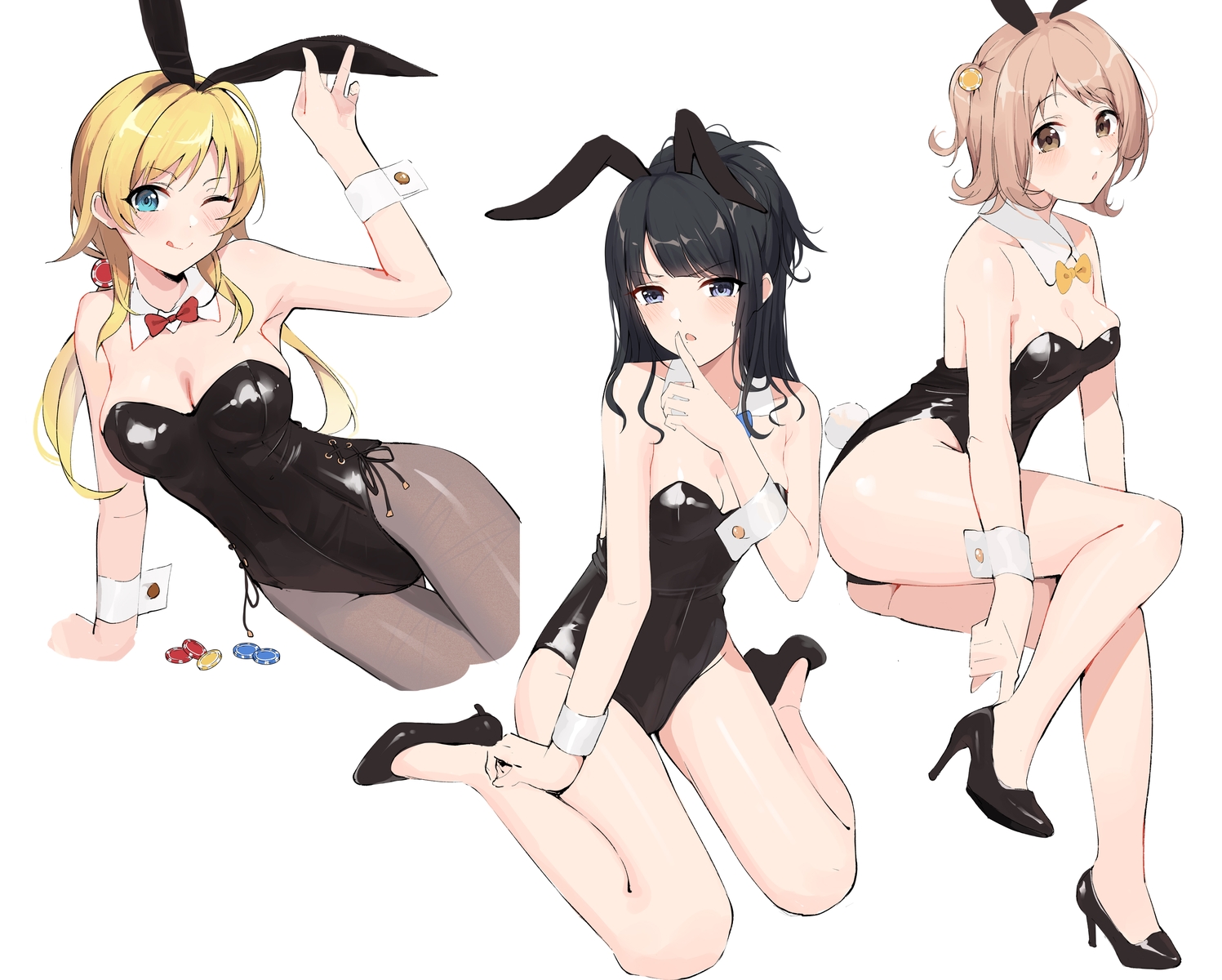 animal_ears, black_hair, blonde_hair, brown_eyes, brown_hair, bunny_ears, bunnygirl, gin00