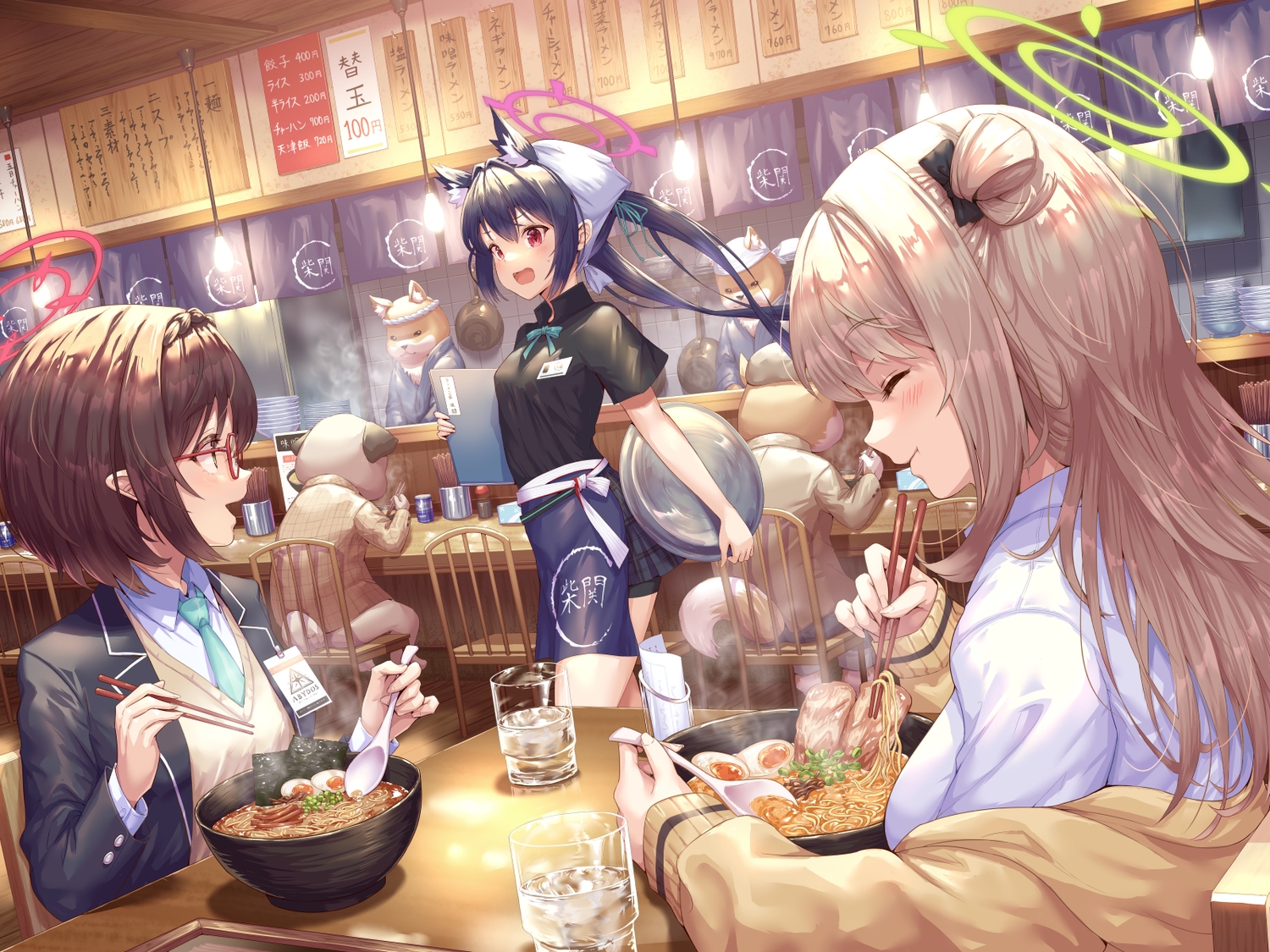 aliasing, animal, animal_ears, blue_archive, blue_hair, brown_hair, dog, drink