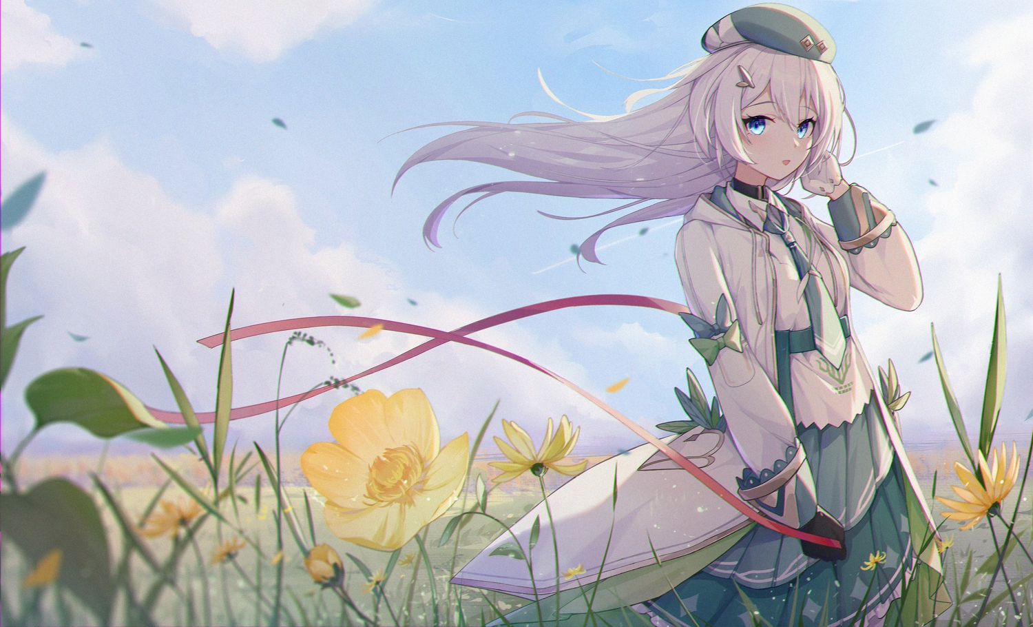 blue_eyes, clouds, dress, flowers, hat, honkai_impact, honkai_(series), petals