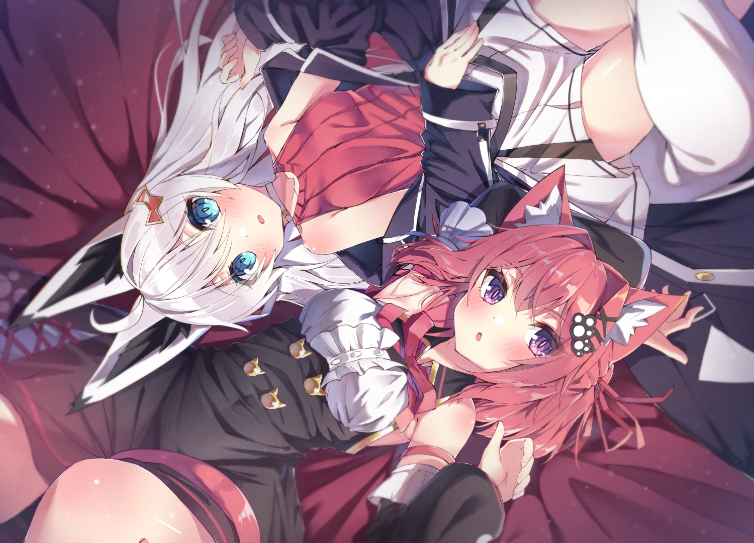 2girls, animal_ears, aqua_eyes, bed, blush, bow, catgirl, dress