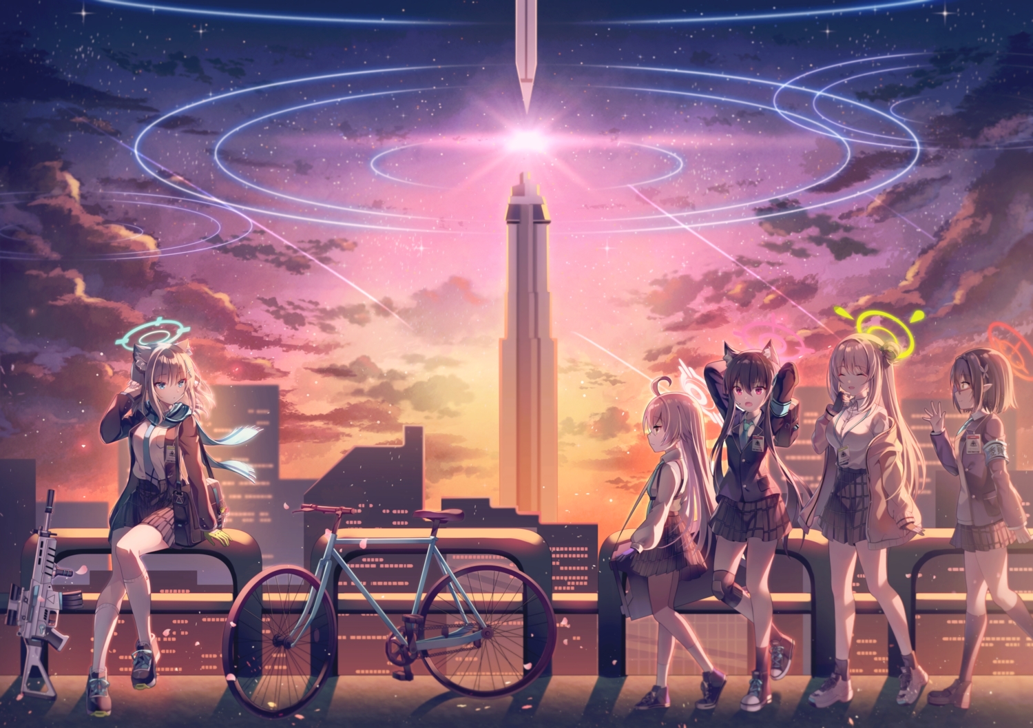 animal_ears, bicycle, black_hair, blue_archive, blue_eyes, breasts, building, catgirl, city, clouds, gin_(gin937), gloves, gray_hair, group, gun, izayoi_nonomi, kuromi_serika, long_hair, okusora_ayane, pink_eyes, scarf, school_uniform, short_hair, skirt, sky, socks, stars, sunaookami_shiroko, sunset, takanashi_hoshino, weapon, white_hair, wolfgirl, yellow_eyes