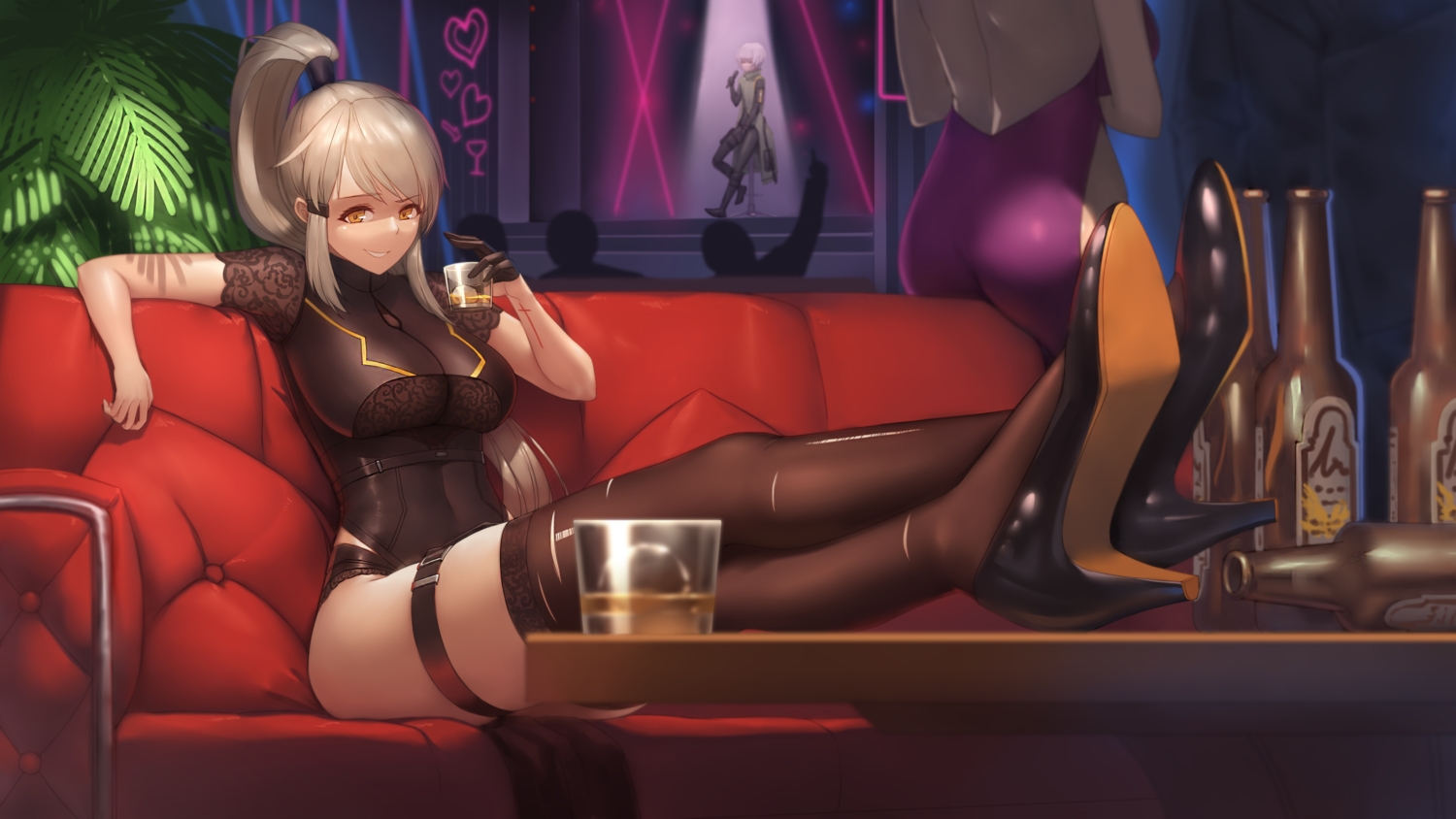 ass, blonde_hair, couch, drink, garter, leotard, long_hair, orange_eyes