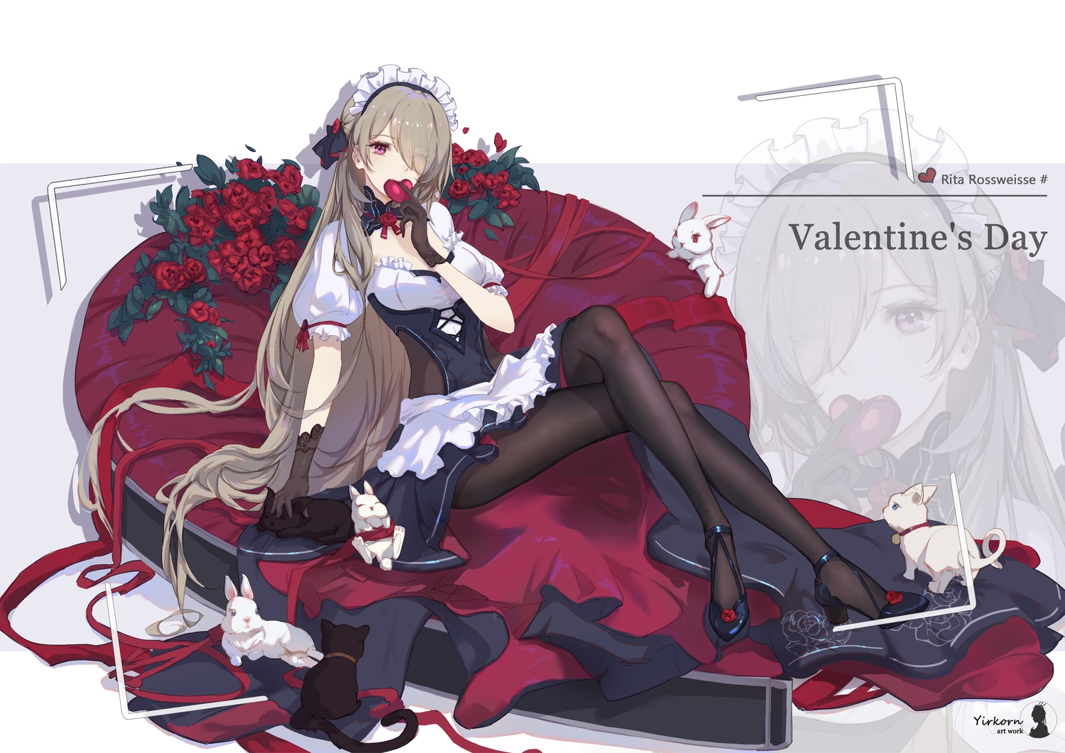 animal, brown_hair, cat, flowers, gloves, headband, headdress, honkai_impact