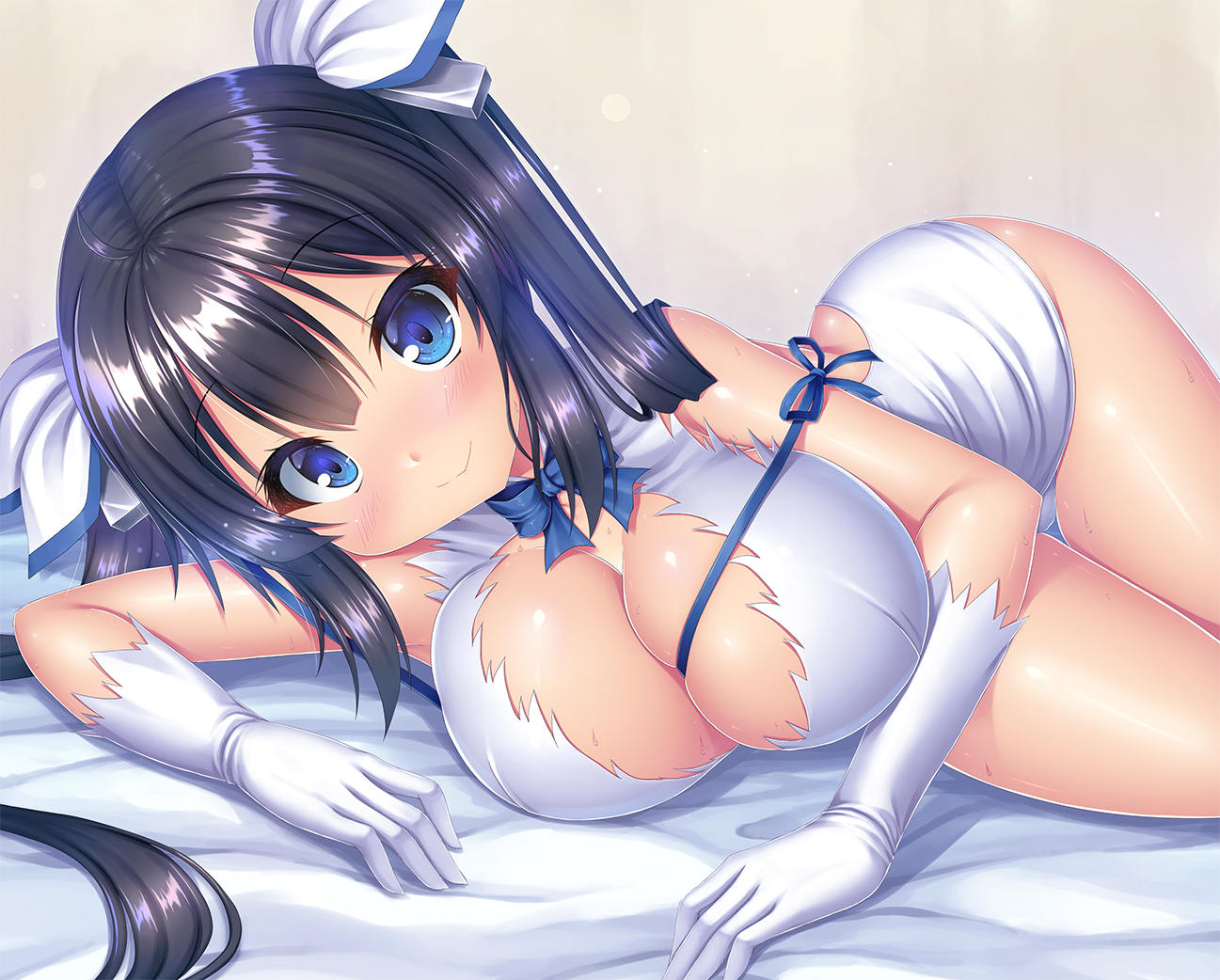 black_hair, blue_eyes, blush, bow, breasts, cleavage, dress, dungeon_ni_deai_wo_motomeru_no_wa_machigatteiru_darou_ka