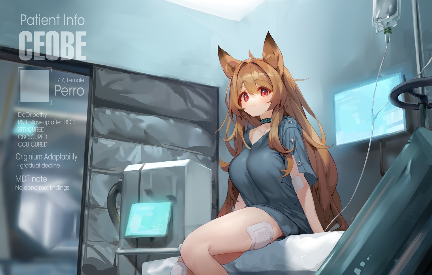 animal_ears, arknights, bandaid, blush, breasts, brown_hair, cat_smile, ceobe_(arknights)