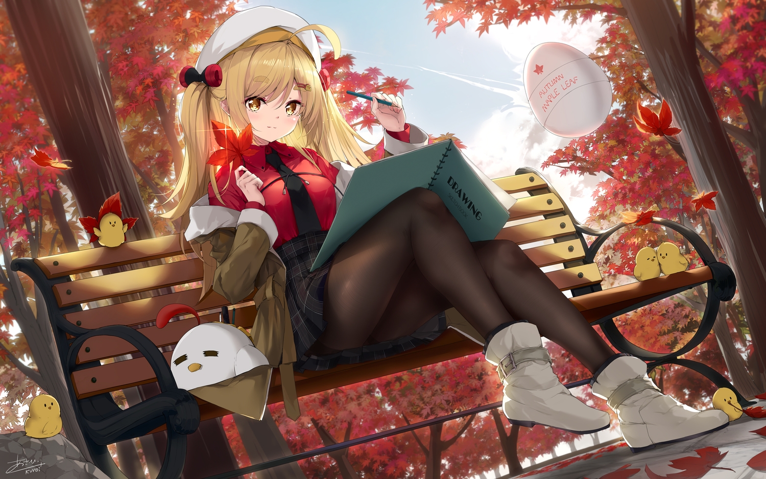 animal, asahi_kuroi, autumn, bird, blonde_hair, clouds, hat, leaves