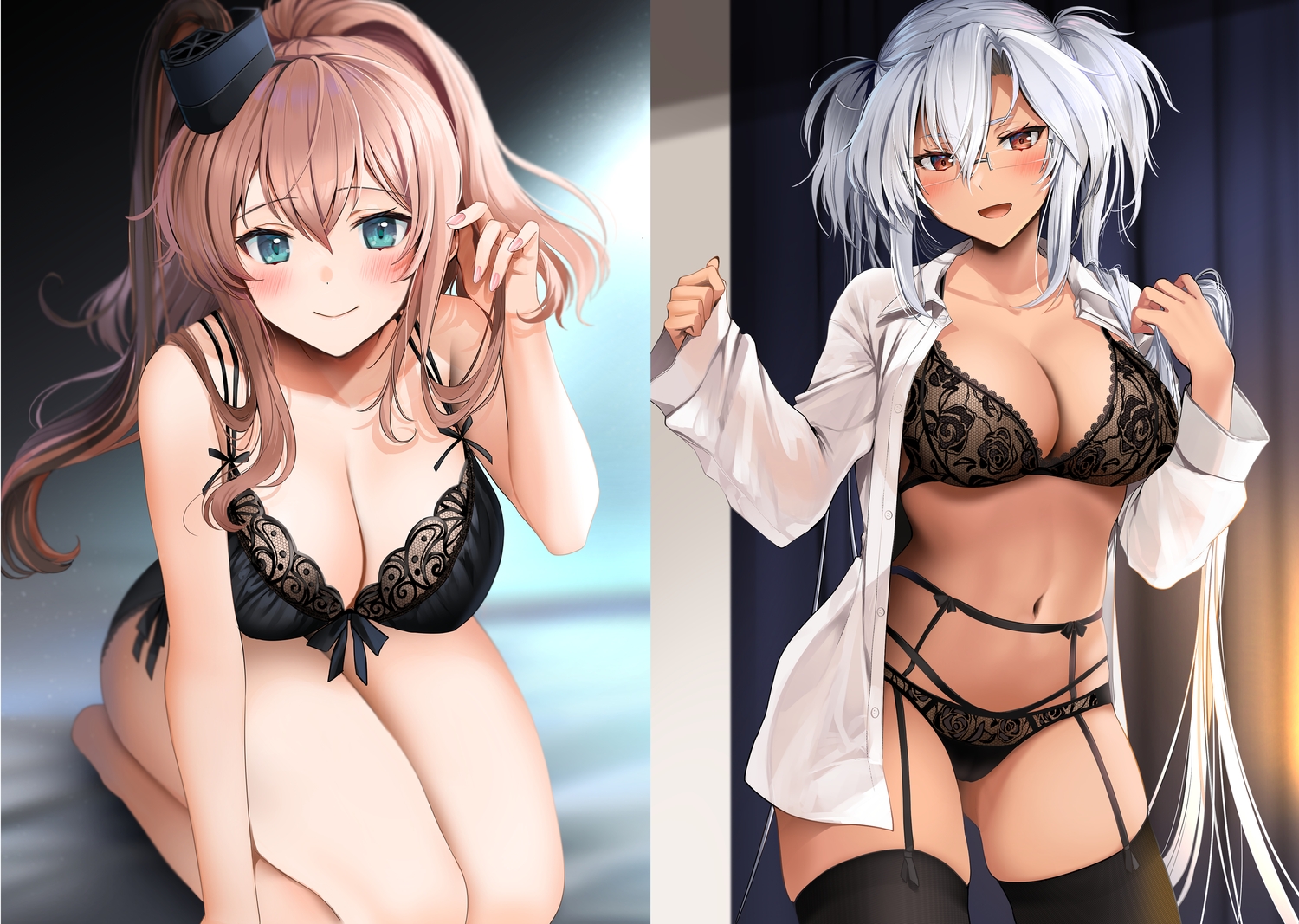 2girls, aliasing, anthropomorphism, blush, bra, brown_eyes, brown_hair, dark_skin, garter_belt, glasses, gray_hair, hat, kantai_collection, musashi_(kancolle), navel, open_shirt, panties, shirt, stockings, underwear, uss_saratoga_(cv-3), yunamaro