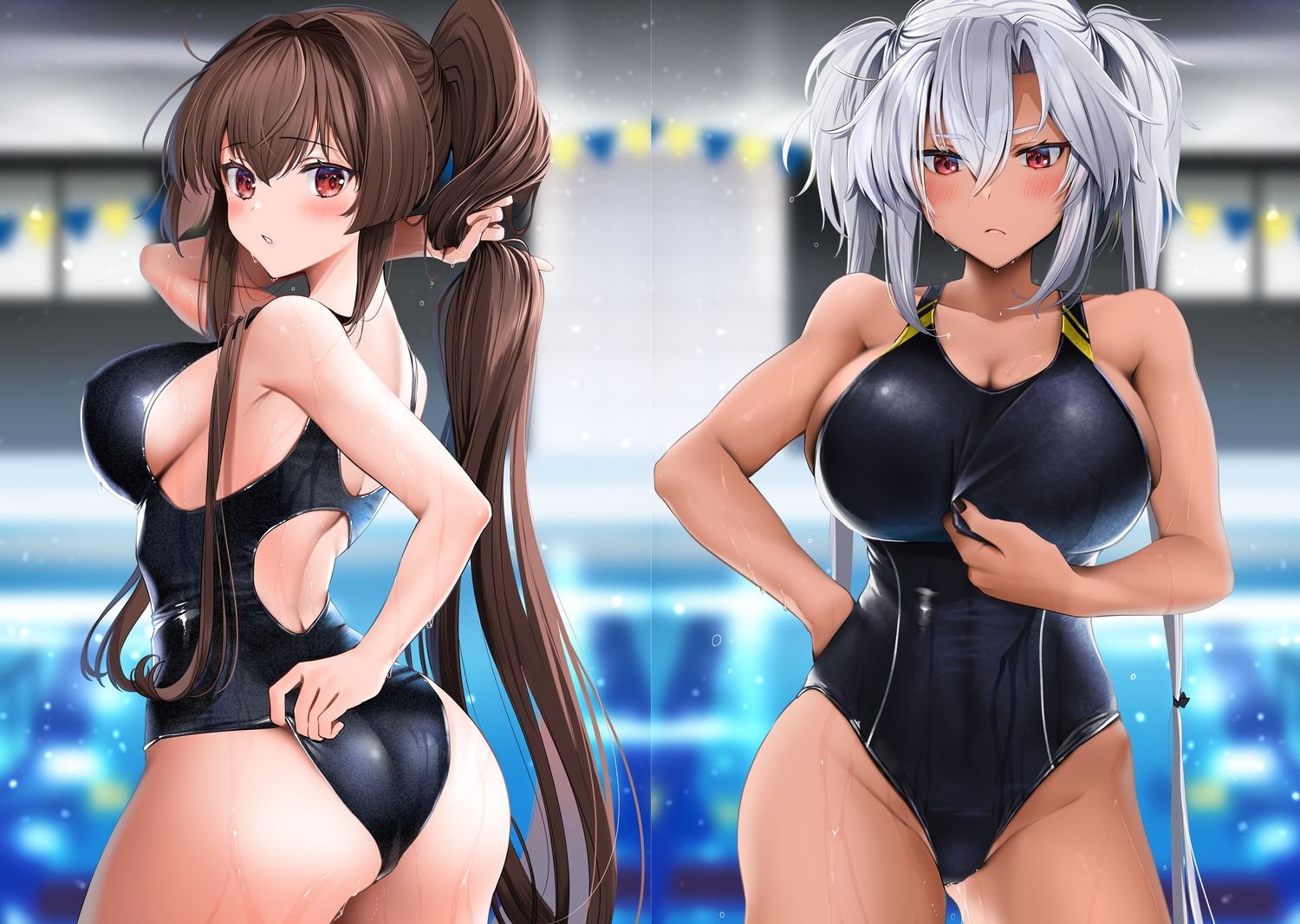 anthropomorphism, ass, blush, brown_hair, dark_skin, erect_nipples, gray_hair, kantai_collection, long_hair, musashi_(kancolle), ponytail, red_eyes, swimsuit, wet, yamato_(kancolle), yunamaro