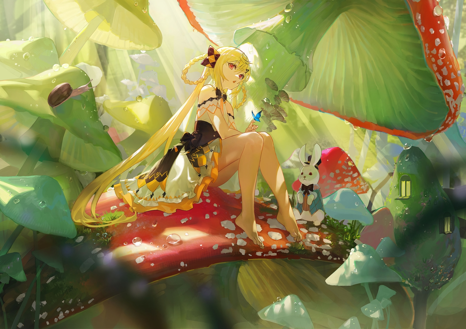 alice_in_wonderland, animal, barefoot, blonde_hair, braids, butterfly, dress, forest