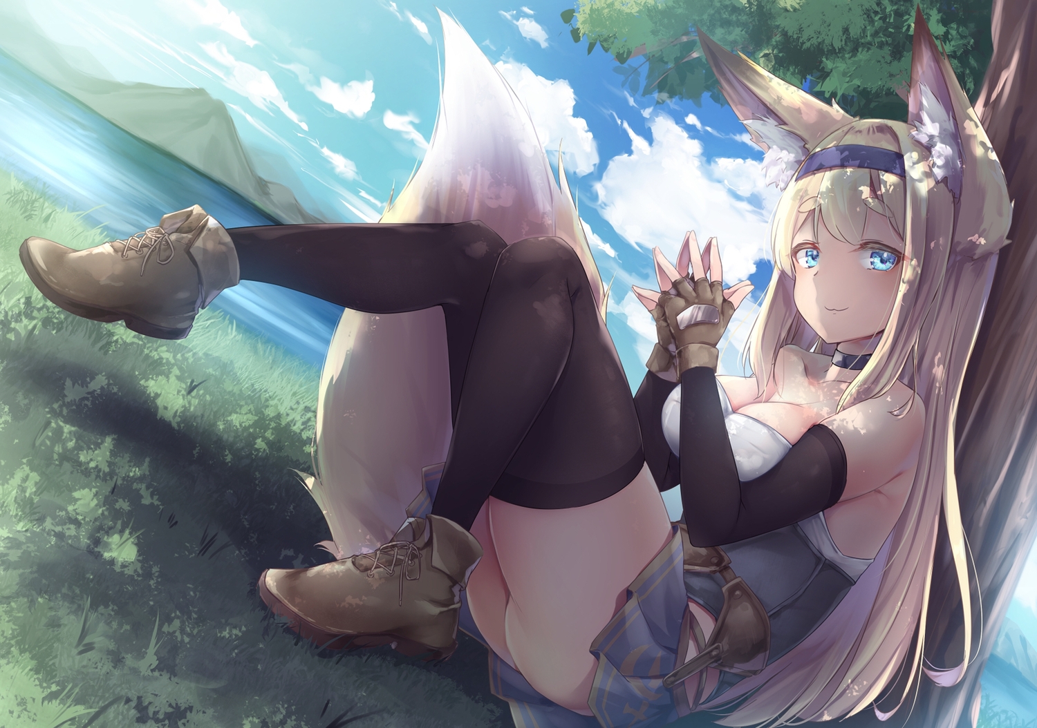 animal_ears, blonde_hair, blue_eyes, boots, breasts, cat_smile, choker, cleavage, clouds, corset, foxgirl, gloves, grass, headband, long_hair, original, shade, skirt, sky, tail, thighhighs, tree, water, yuki_kawachi, zettai_ryouiki