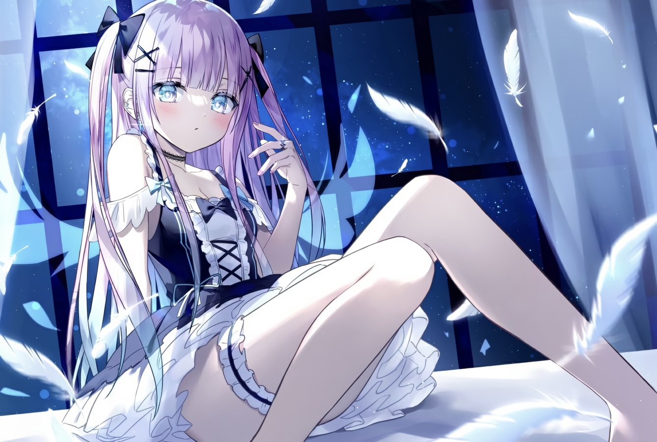 aqua_eyes, blush, bow, choker, dress, feathers, garter, goth-loli, kazunehaka, lolita_fashion, long_hair, night, original, purple_hair, sky, stars, twintails, wings