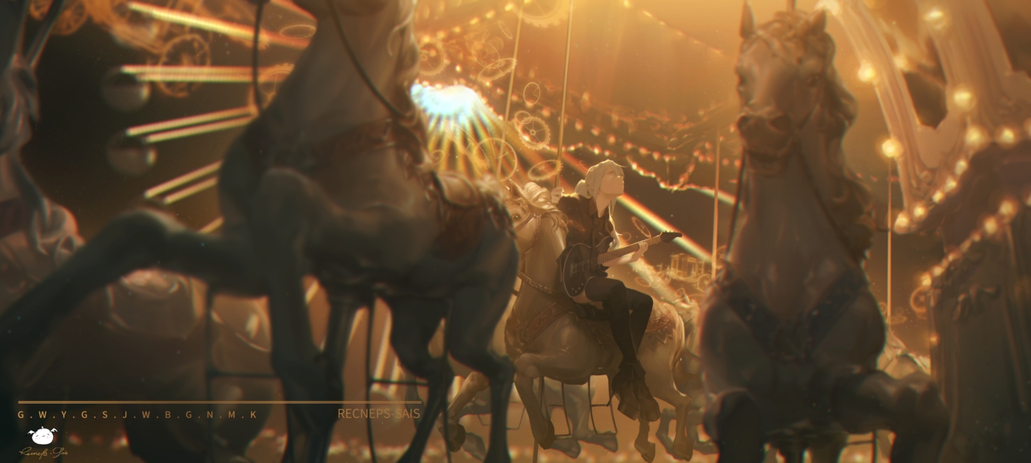 animal, boots, clock_lock_works_(vocaloid), guitar, hatsune_miku, horse, instrument, orange