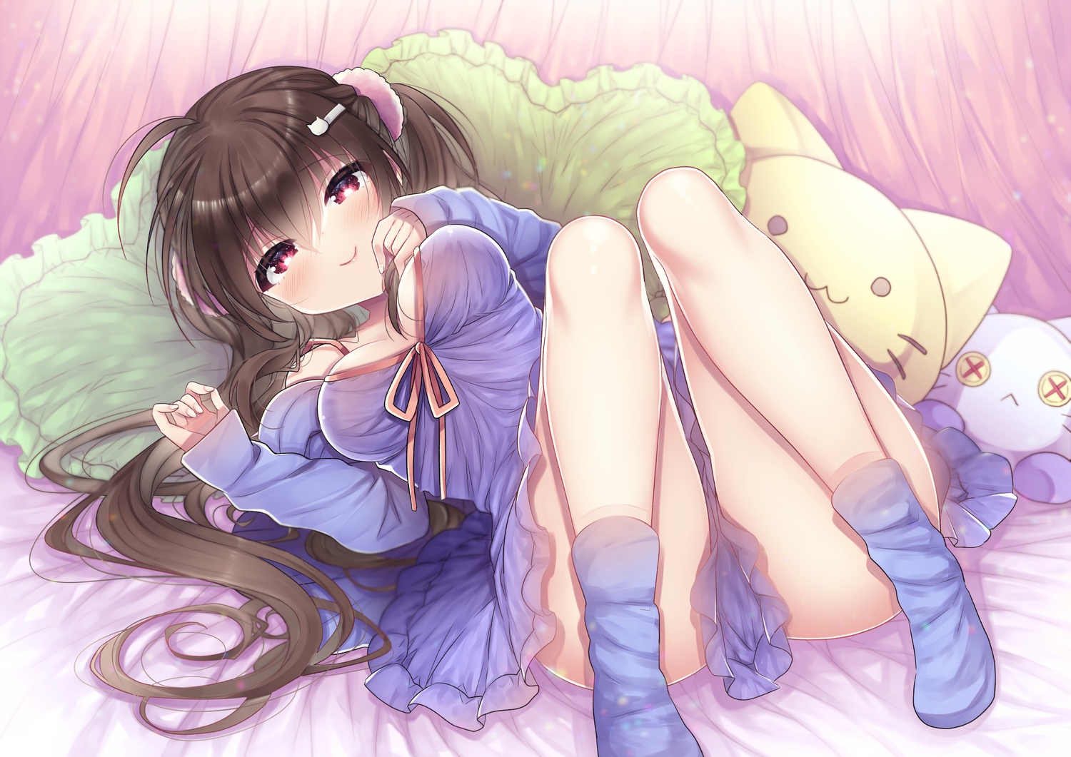 bed, brown_hair, hano_(keepon_haruka), long_hair, original