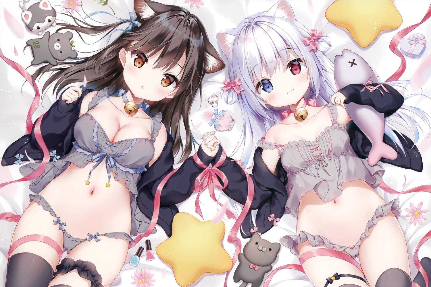 2girls, animal_ears, bed, bell, blue_eyes, brown_eyes, brown_hair, cameltoe