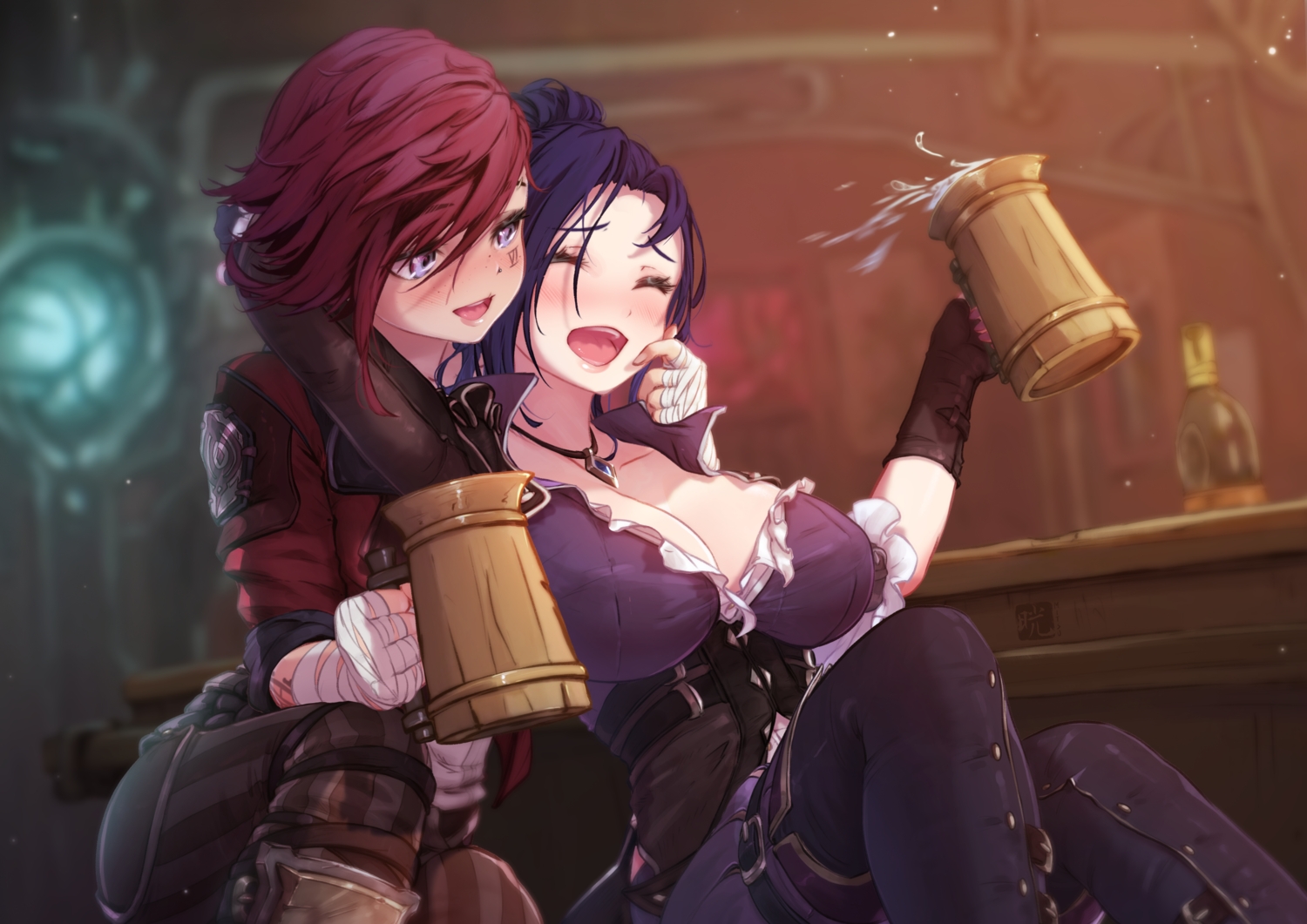2girls, blush, caitlyn, drink, gloves, hug, league_of_legends, long_hair