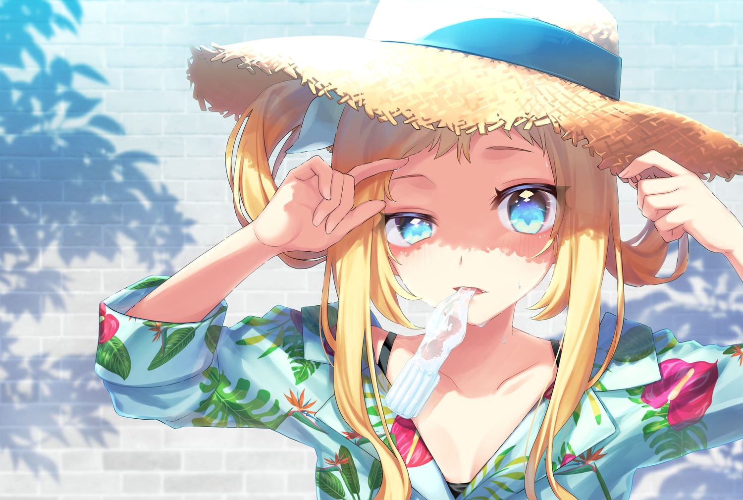 aqua_eyes, blonde_hair, blue_eyes, breasts, cleavage, close, hat, long_hair